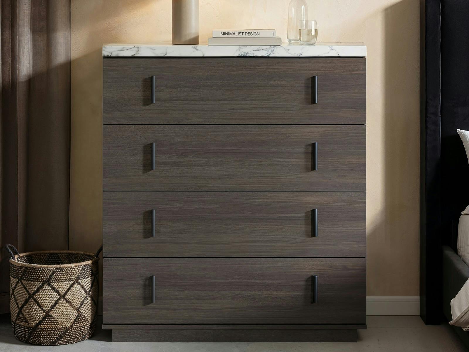 Solace+Co Marcel Chest Of 4 Drawers With Marble Effect Top - Walnut - Image 3