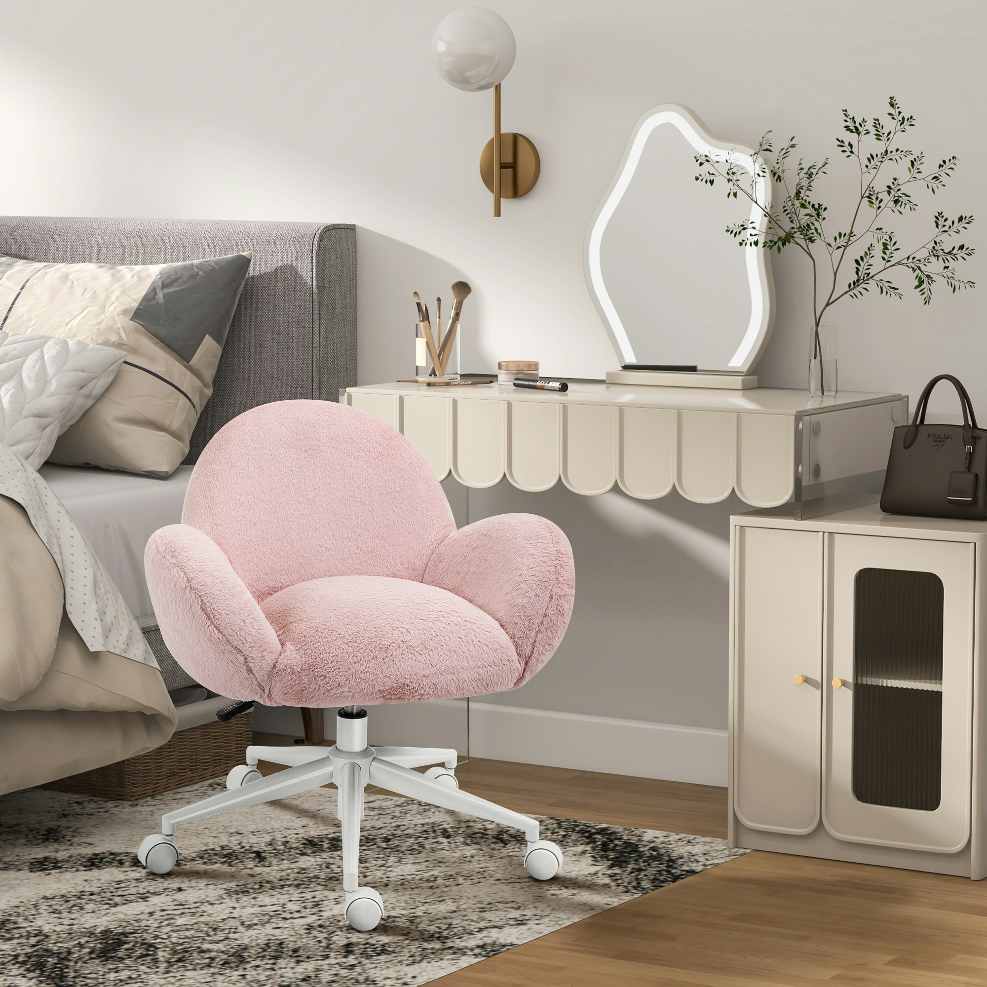 Homcom Pink Fluffy Leisure Chair Office Chair With Backrest Armrest Wheels