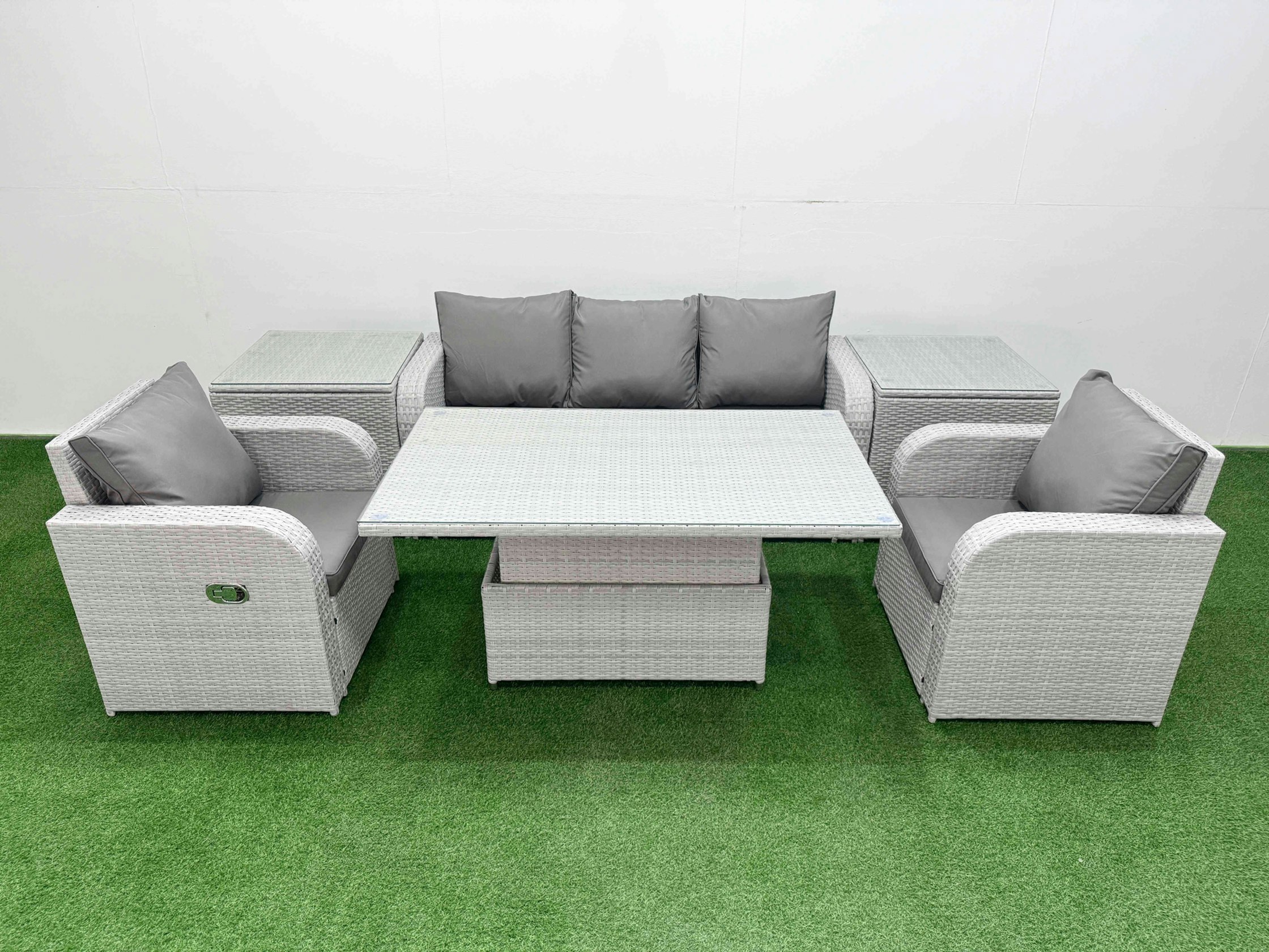 Rackhams Light/Grey Pe Rattan Garden Furniture Set Reclining Chair Sofa Lounge Sofa Set Adjustable Lifting Dining Or Coffee Table 2 Side Table