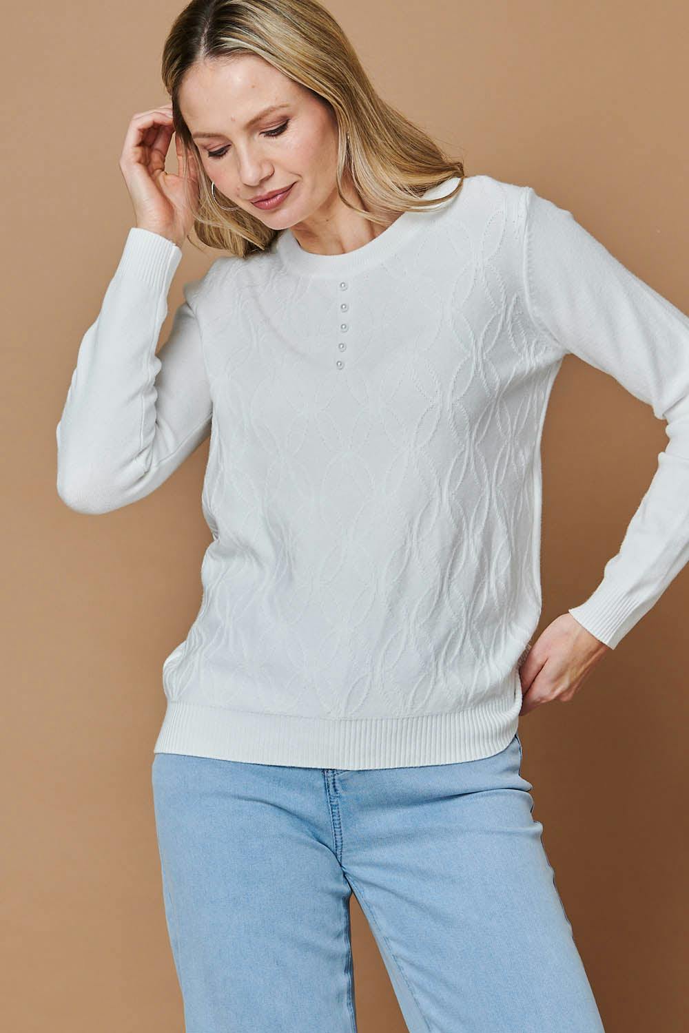 Izabel London White Pearl Detail Textured Long Sleeve Top - 12
