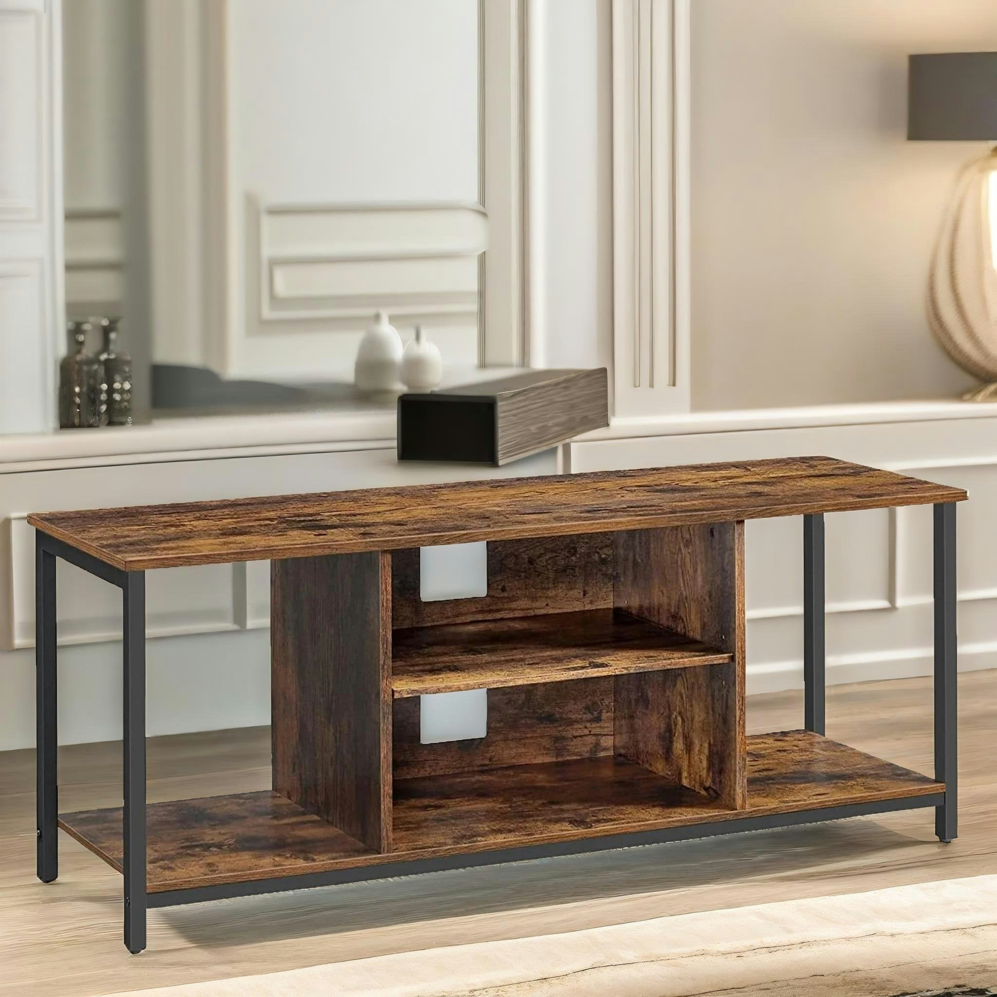 Rafaelo Mobilia Brown 120Cm Wide Tv Stand Cabinet With Open Shelves Rustic