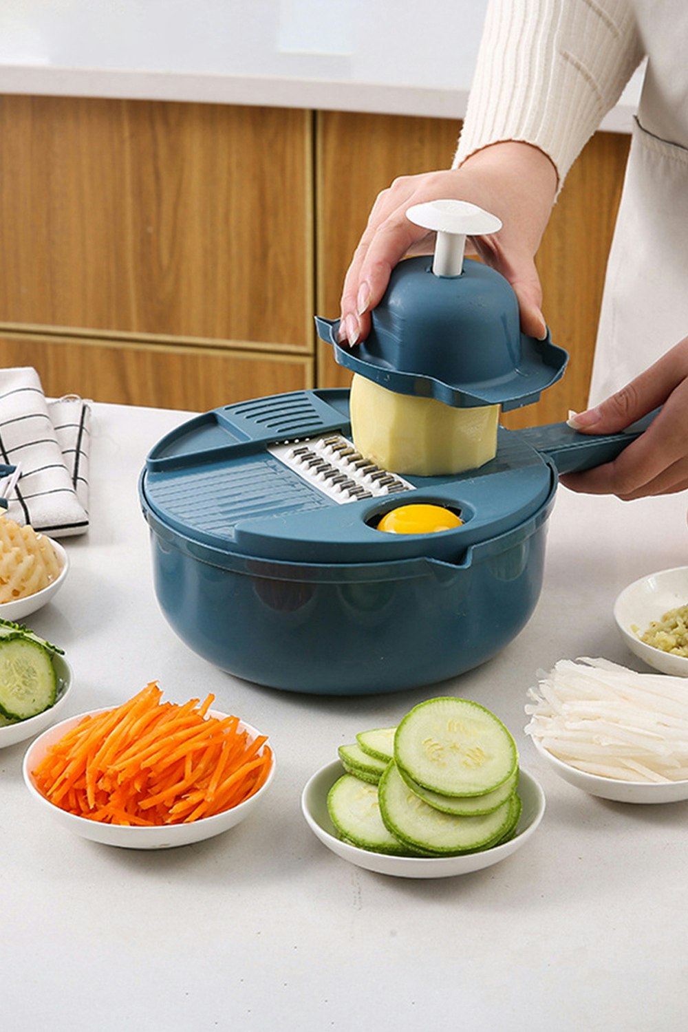 Rackhams Dark/Blue 9-In-1 Kitchen Multifunctional Vegetable Food Slicer Chopper Cutter 6 Blades Grater With Drain Basket, Handguard