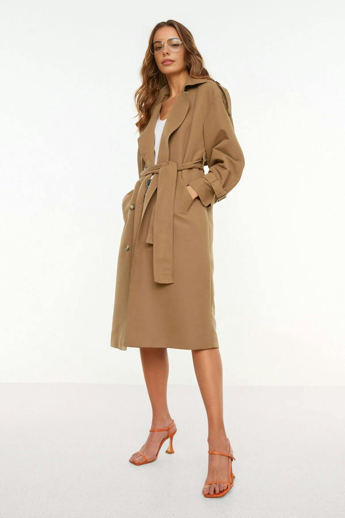 Wovcor Oversize Belted Water Resistant Long Trench Coat - Taupe - 10