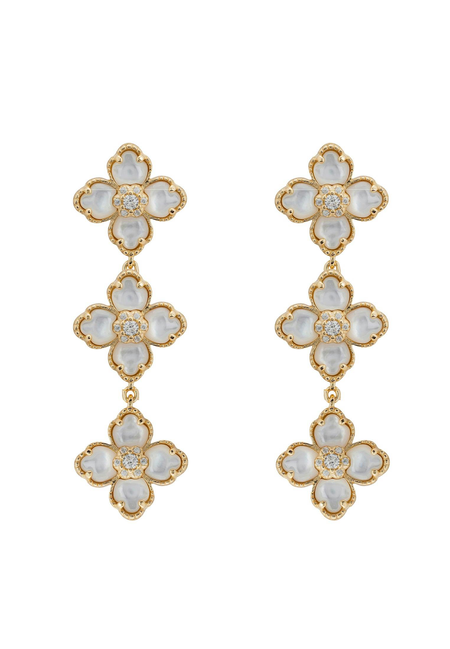 Latelita Gold Flower Clover Triple Drop Earrings Mother Of Pearl