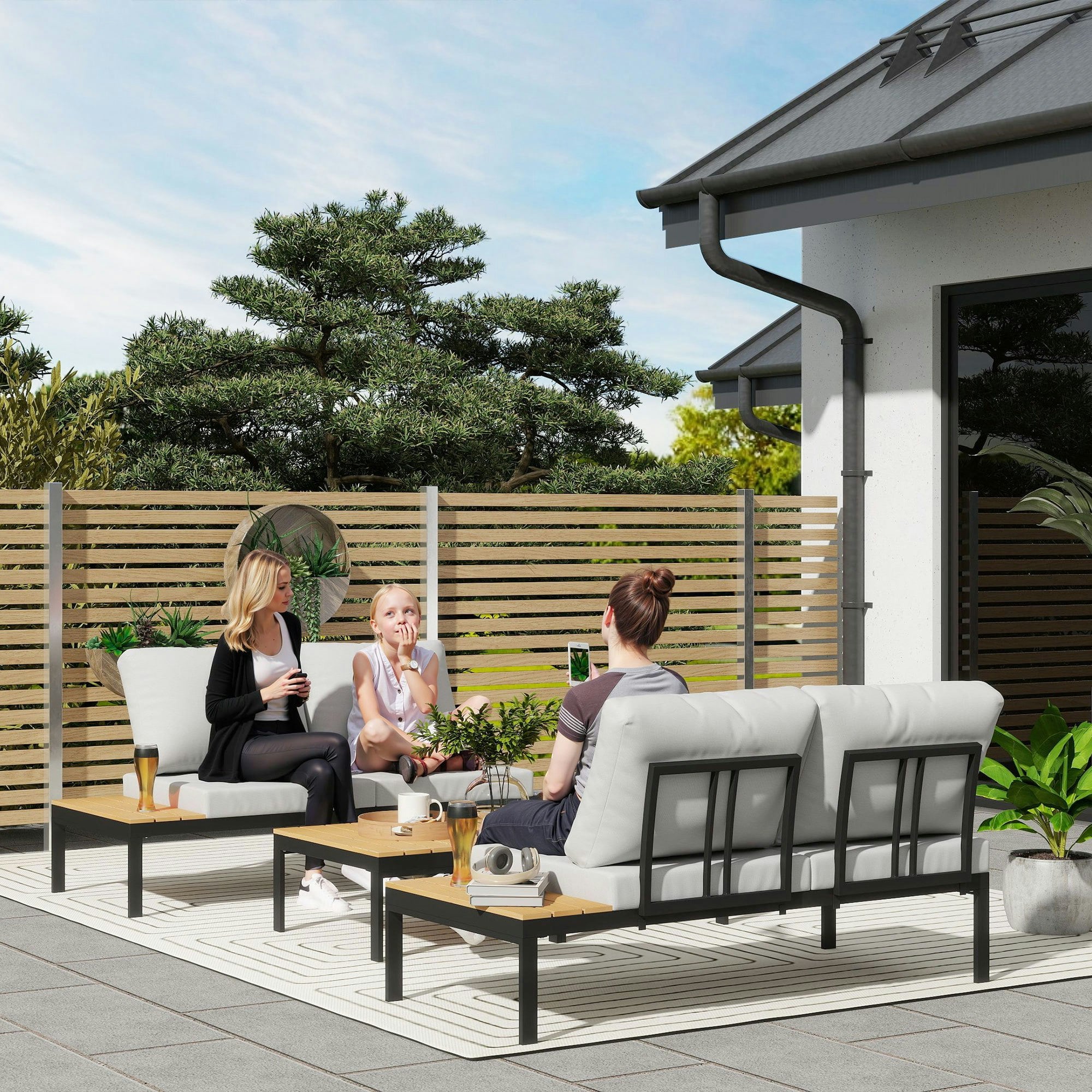 Outsunny 4 Seater Garden Corner Sofa Set With Removable Thick Cushions Teak - Teak - Metal, Polyester - 141W X 64D X 62H Cm