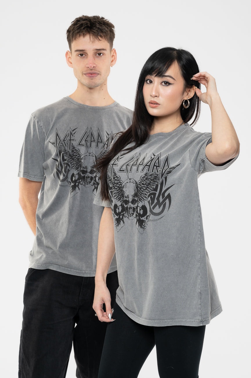 Paradiso Clothing Unisex Grey Paradiso Def Leppard Tribal Skull Limited Edition 999 Only Premium Wash T Shirt - S