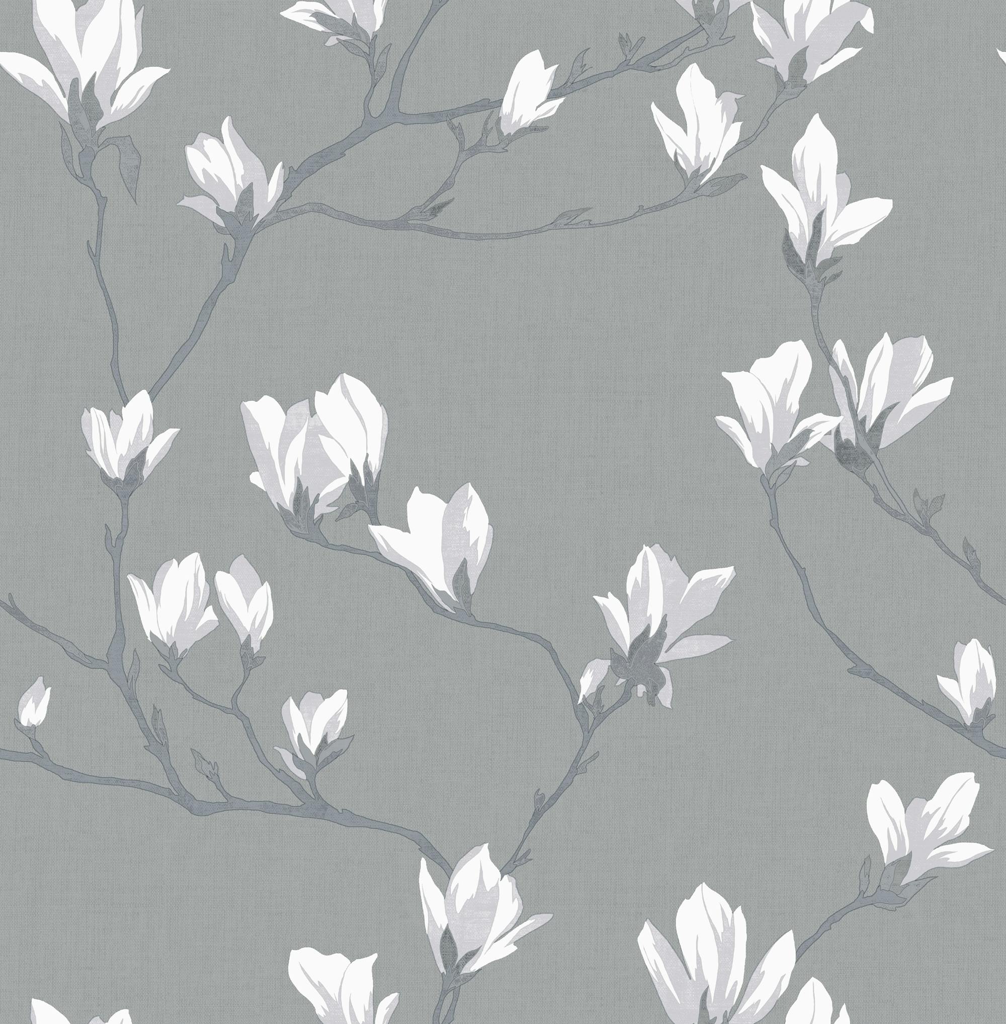 Laura Ashley Grey/Blue Magnolia Grove Wallpaper - Slate - 10M