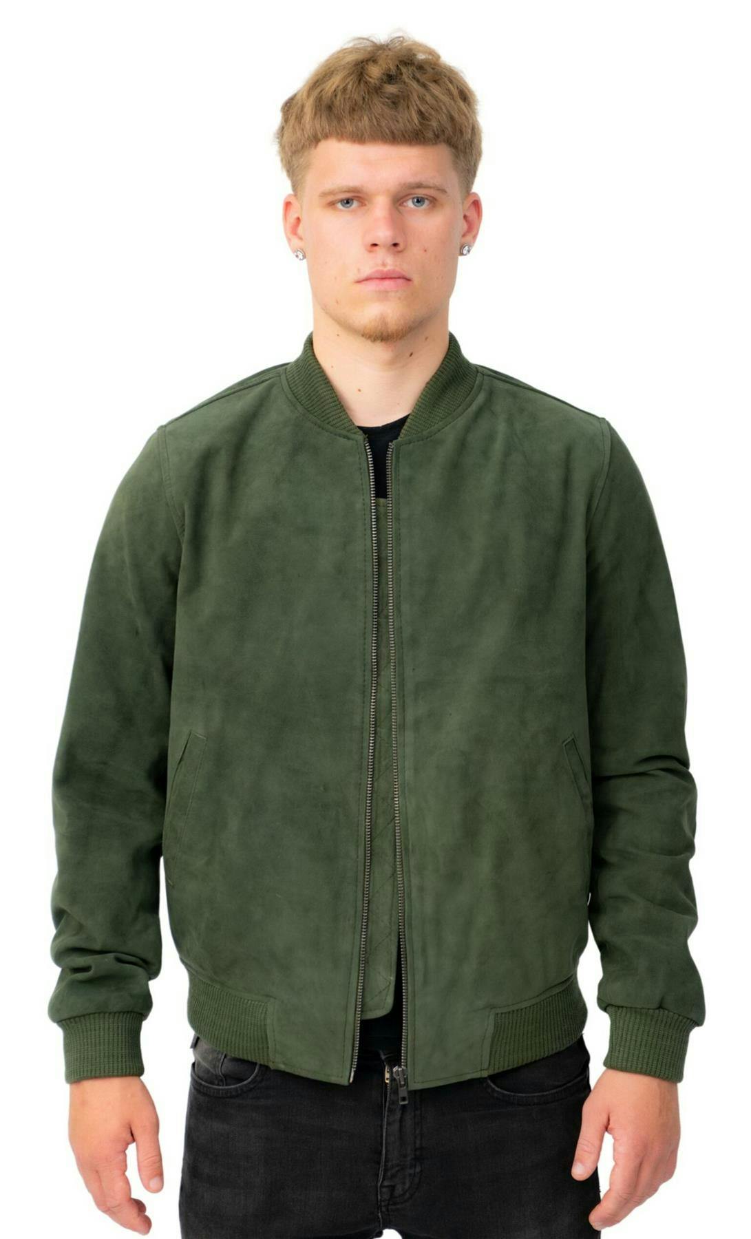 Infinity Leather Men's Green Retro Goat Suede Varsity Leather Bomber Jacket-Athens - Uk 4XL | Eu 58 | Us 48