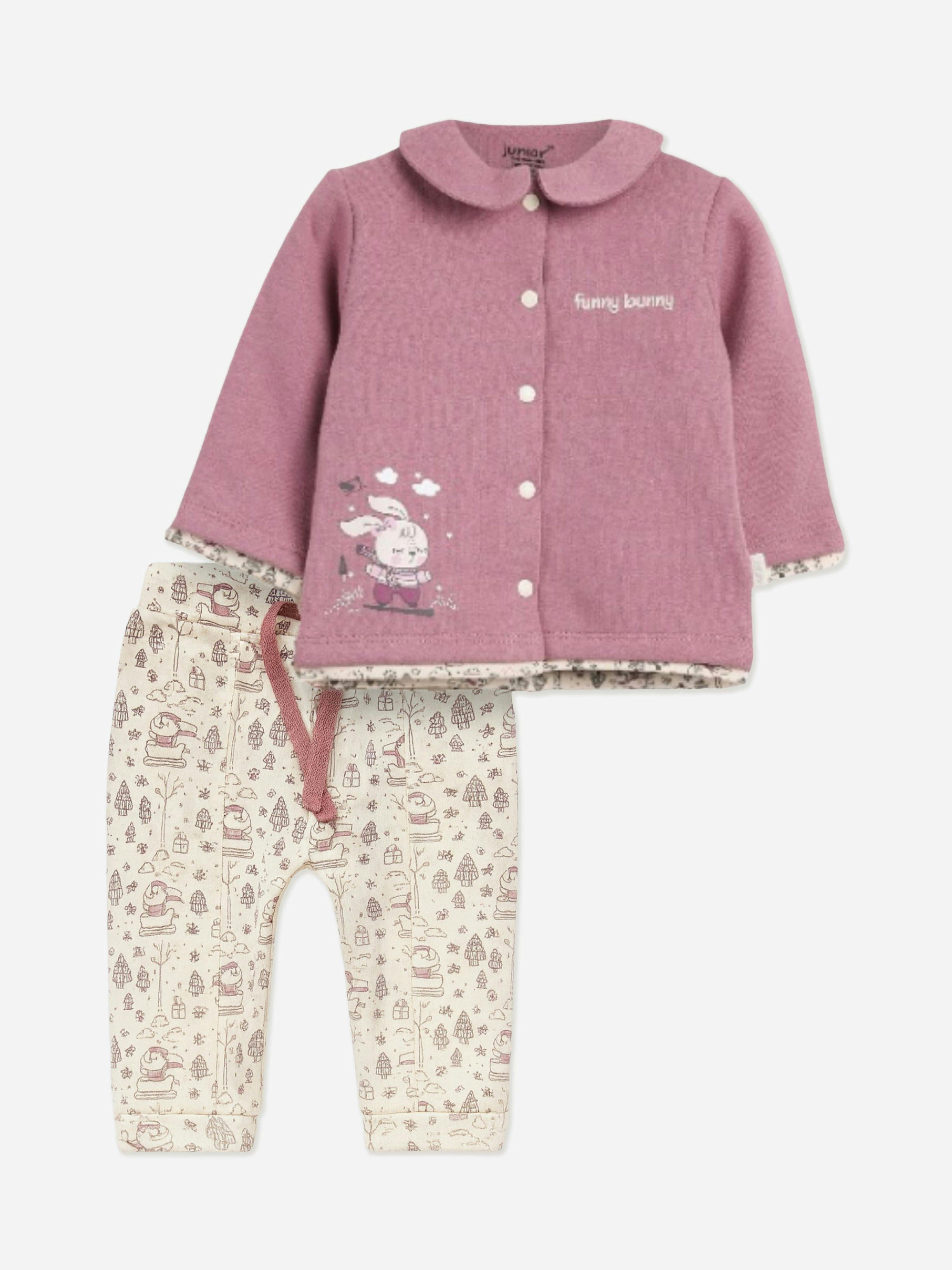 Mininio Women's Pink Baby Girls Cardigan And Trouser Set In - 0 - 3 Mths