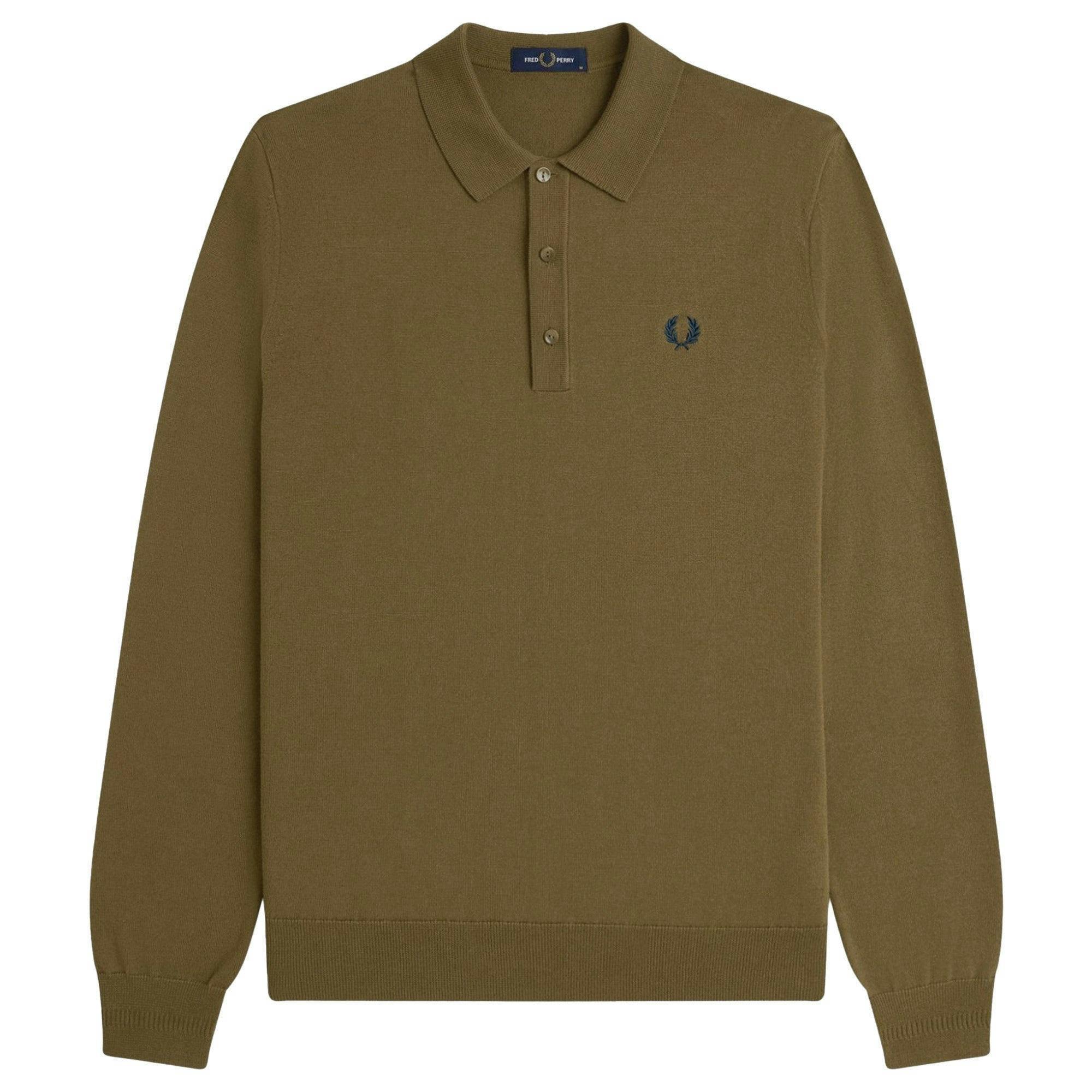 Fred Perry Knitted Merino Long Sleeve Polo Shirt - Shaded Stone - Small
