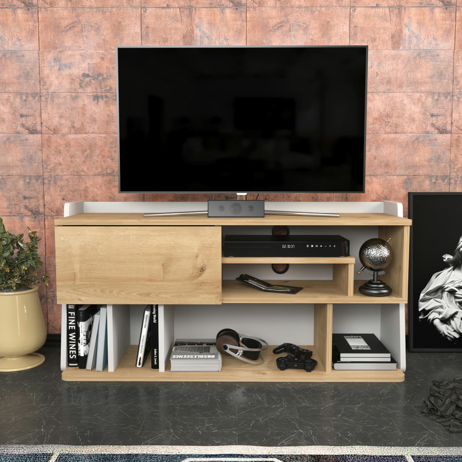 Rackhams White Raca Modern Tv Stand Tv Cabinet For Tv's Up To 55" - Sapphire Oak