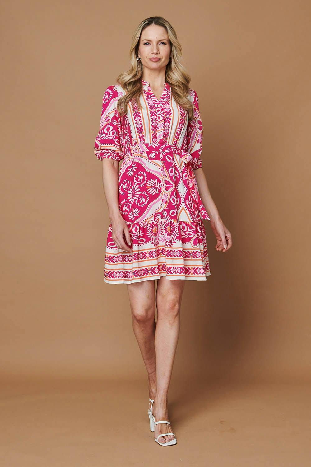 Izabel London Pink Printed Tie Waist 3/4 Sleeve Short Dress - 14