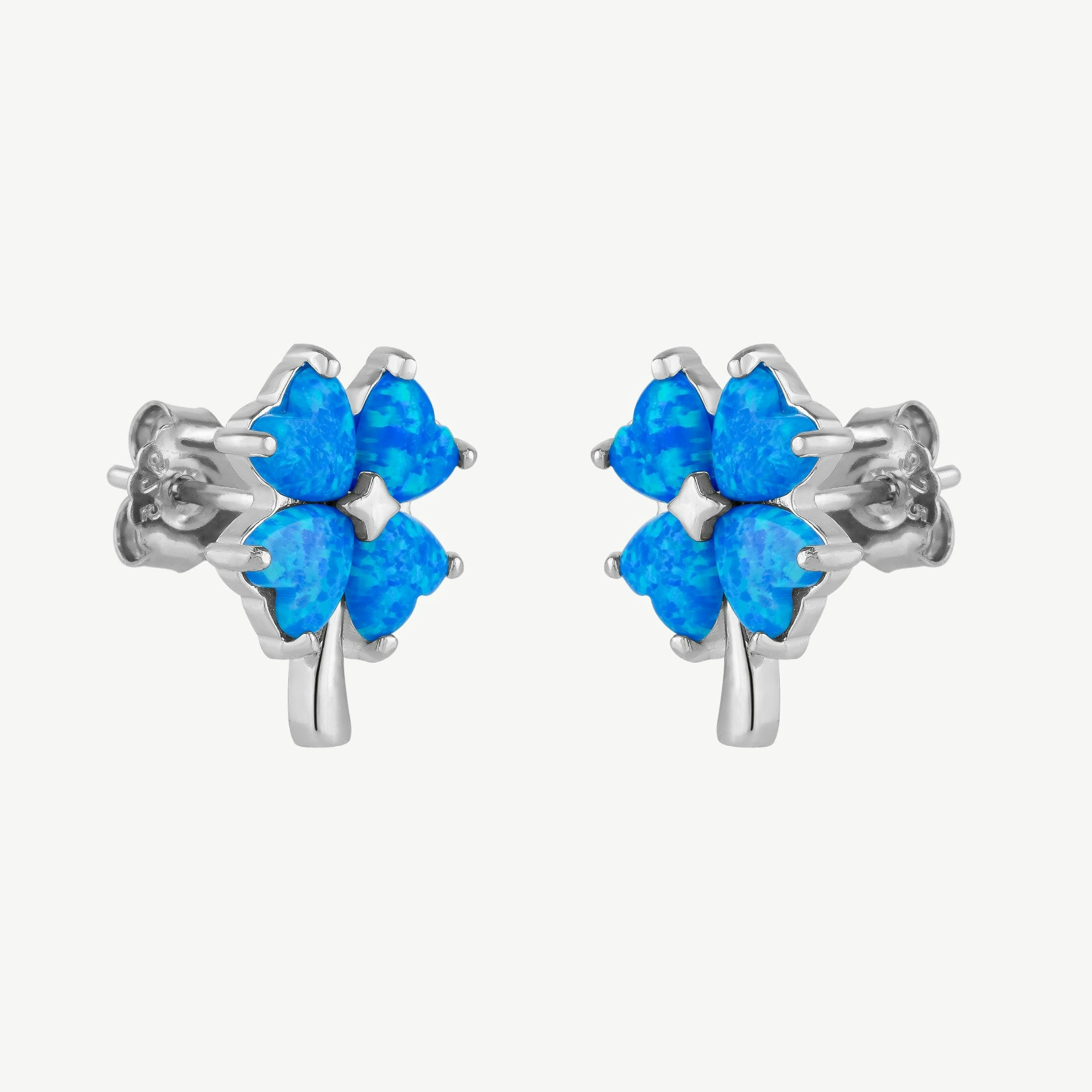 Spero London Blue/Silver Opal Four Leaves Clover Sterling Stud Earring