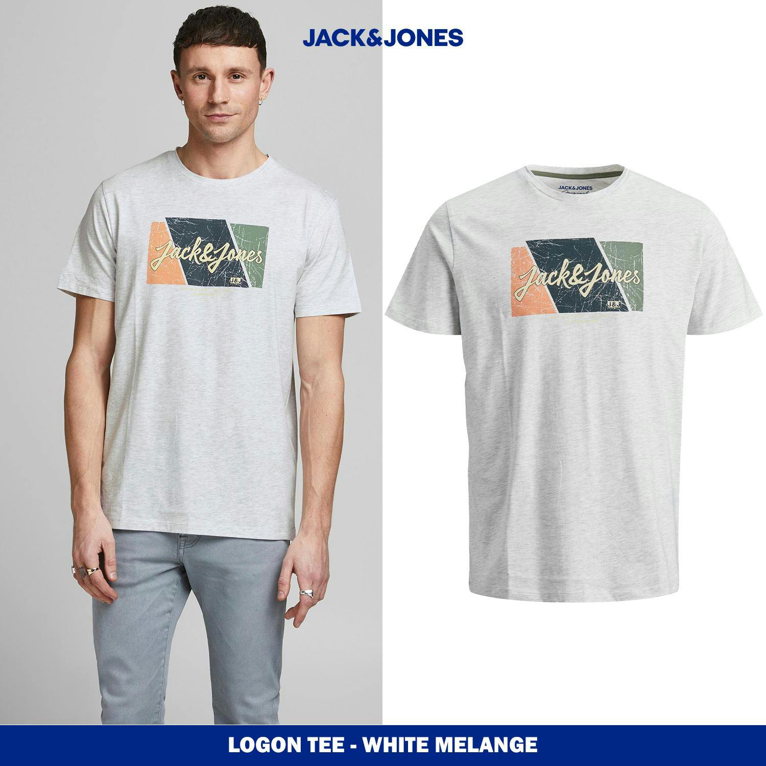 Jack & Jones Men's White Cotton Crew Neck Logo T Shirt Regular Fit, - M