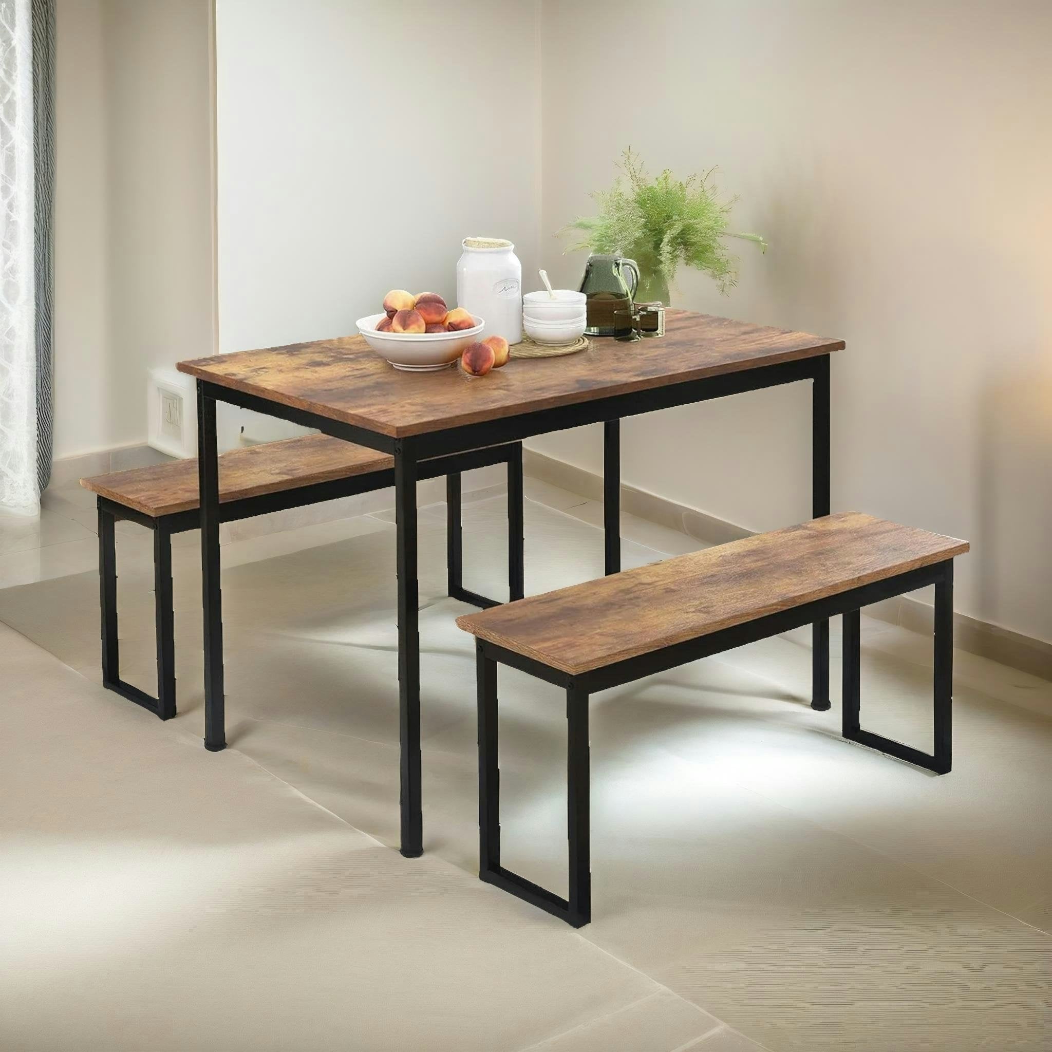 Rackhams Brown Industrial Dining Table Set With 2 Benches Rustic