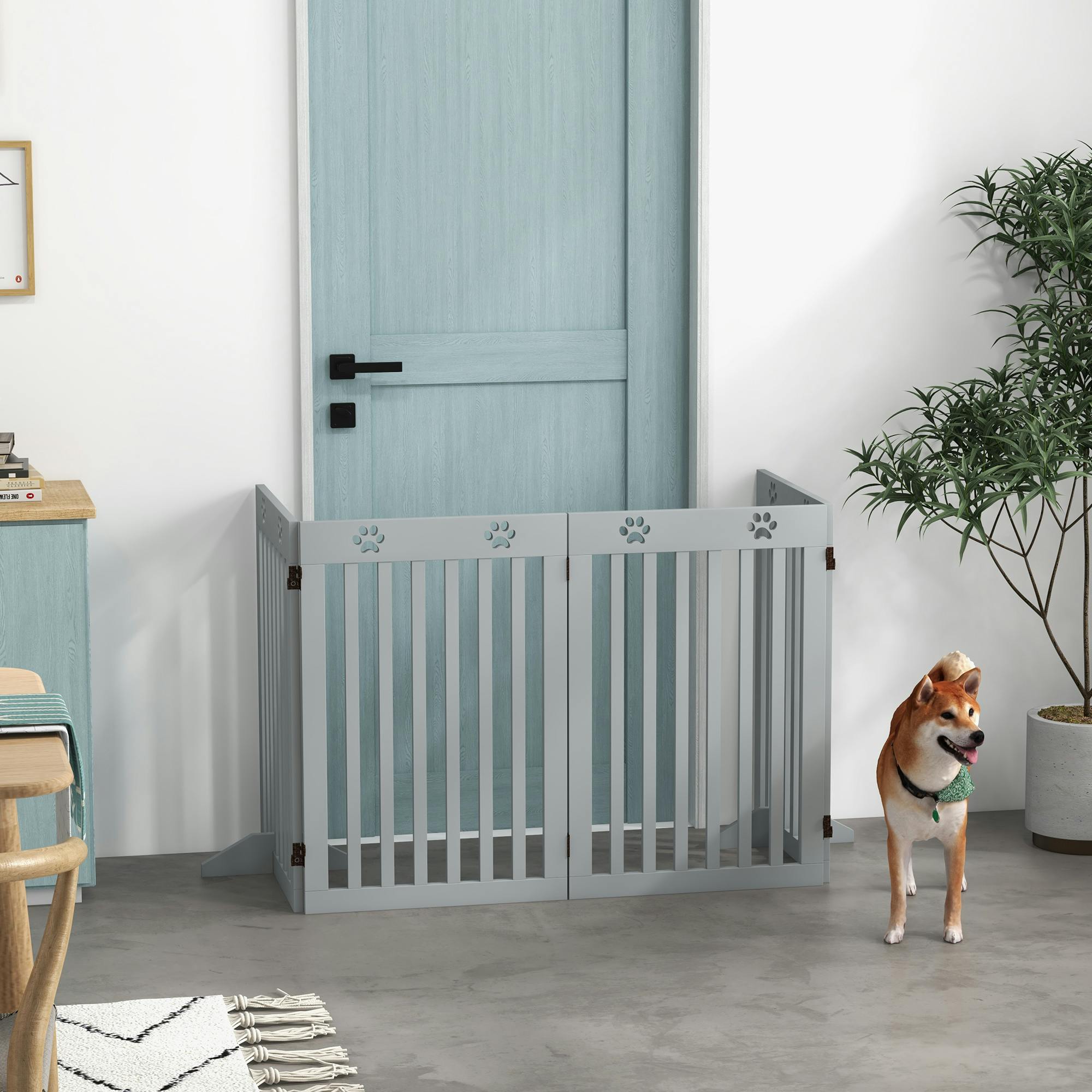 Pawhut Grey Pet Gate Foldable Fence Freestanding Dog Barrier W/ Support Feet