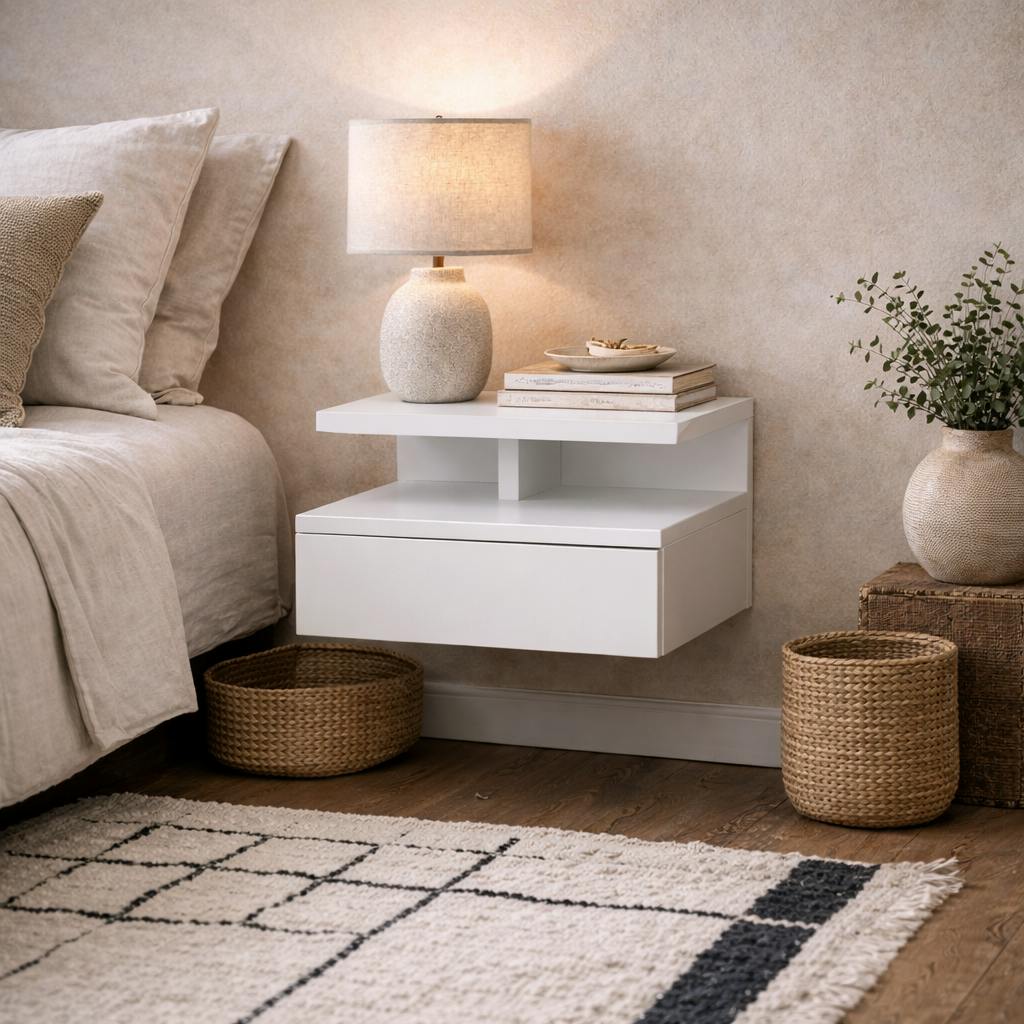 Rackhams White Lincoln Wooden Floating Bedside Table 1 Drawer Open Shelf