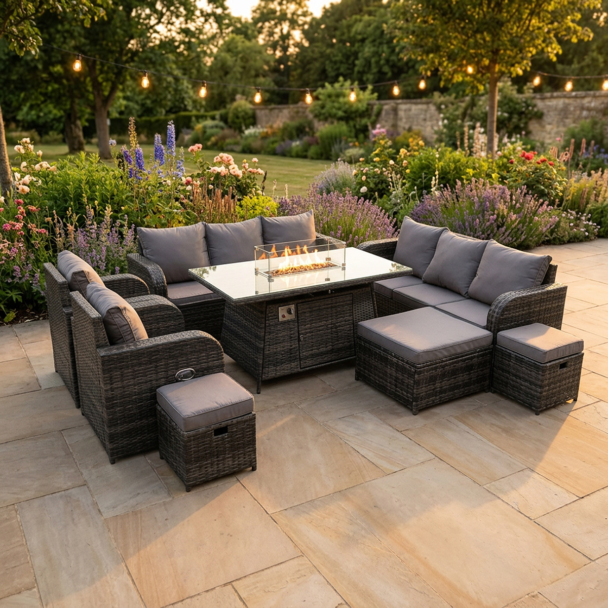 Rackhams Dark/Grey 11 Seater Rattan Outdoor Garden Furniture Set With Gas Fire Pit Dining Table, 2 Chairs, 2 Sofas, 3 Footstools