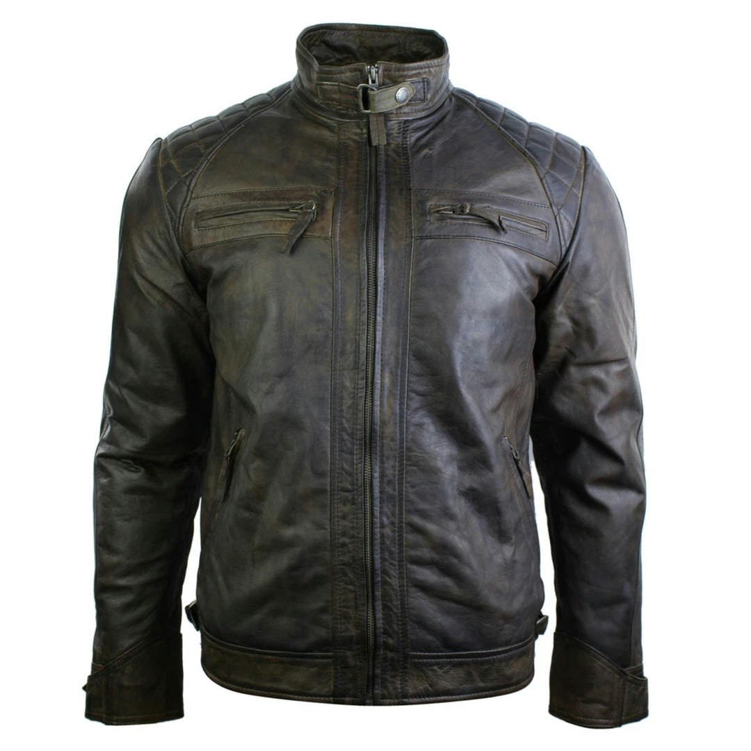 Aviatrix Men's Brown Zipped Short Biker Leather Jacket - 3XL - Model 1