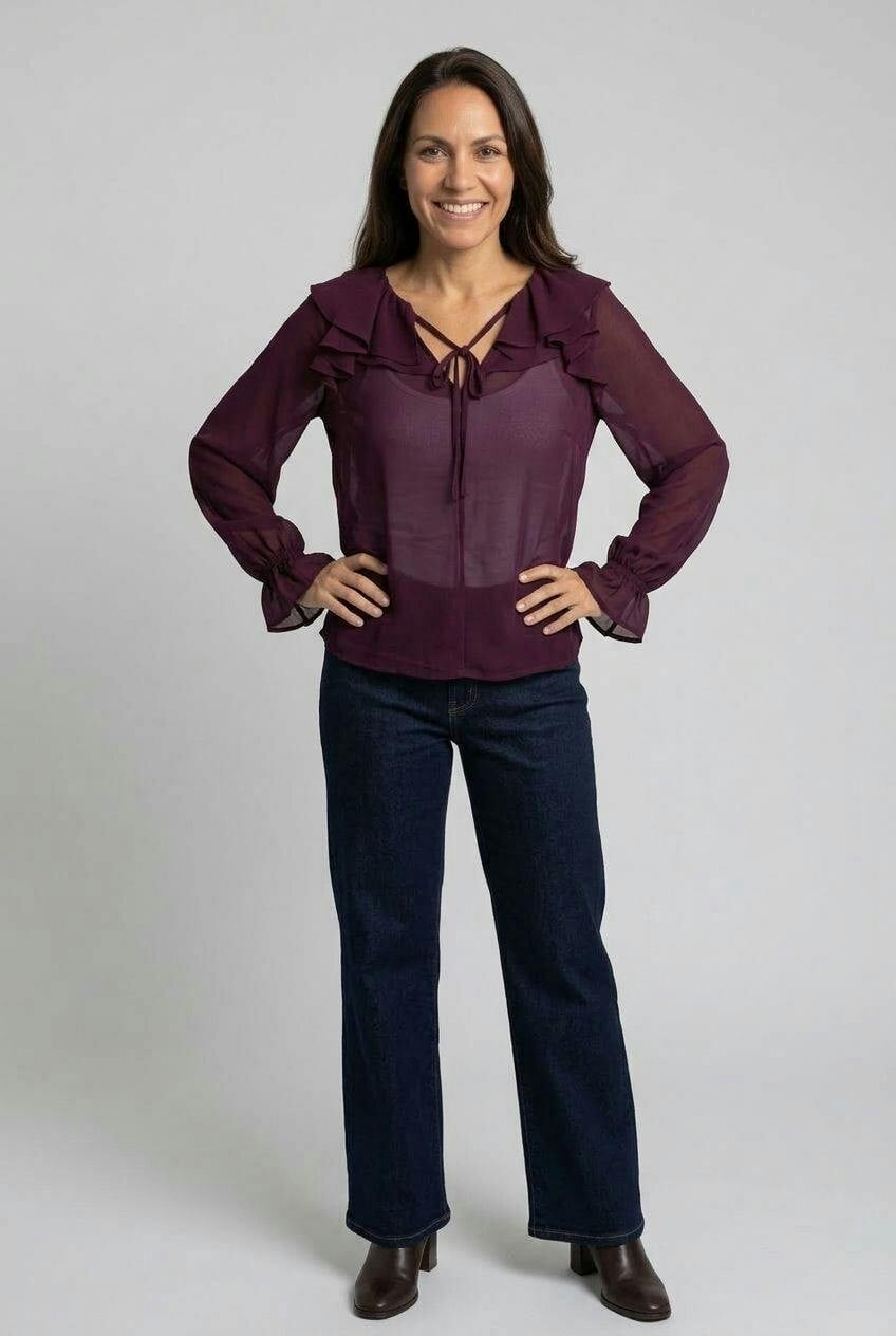 Izabel London Purple Semi Sheer Layered Frill Neck Blouse - 16