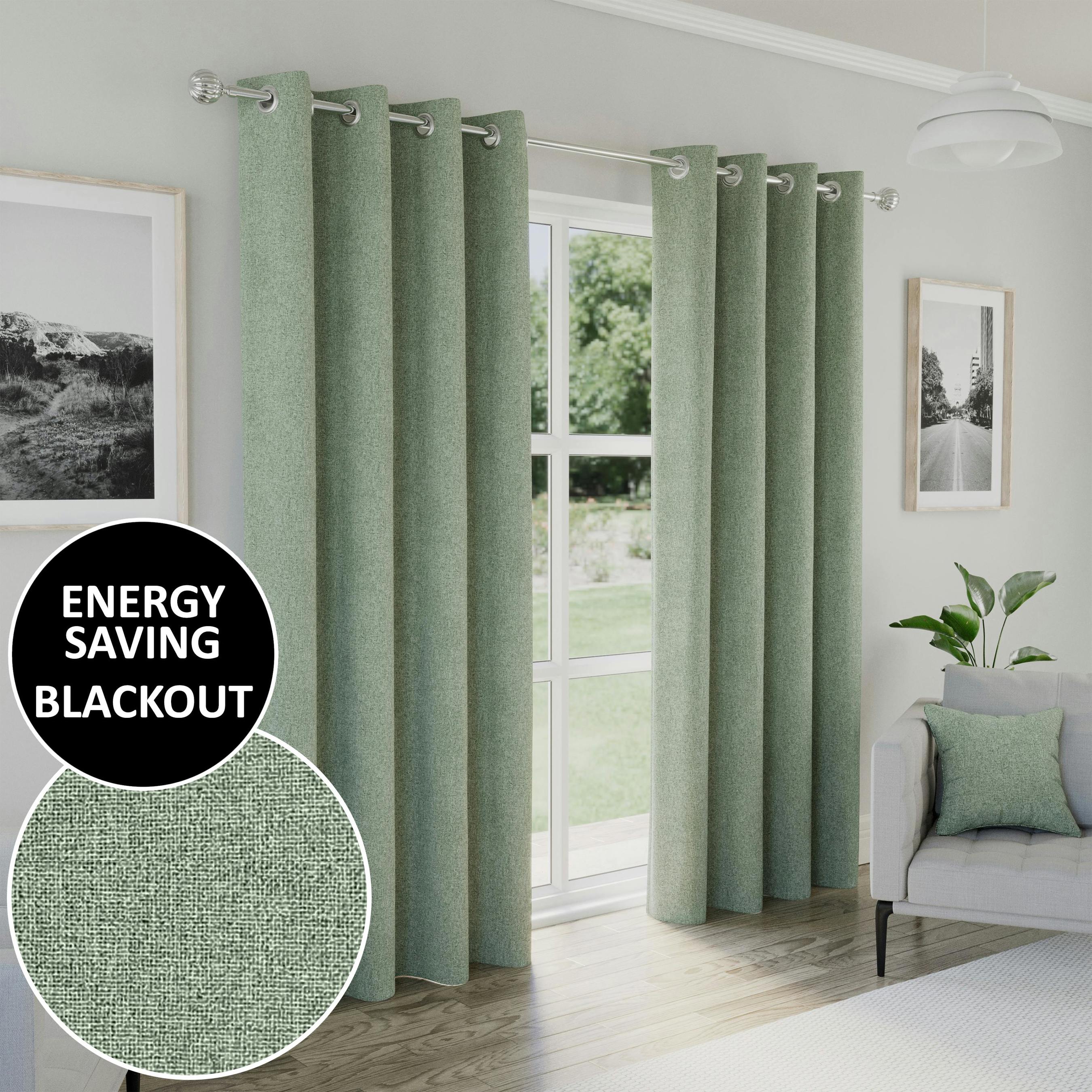 Enhanced Living Green Textured Basketweave 100% Blackout Curtains - Thermal/Energy Saving Pair With Eyelets For Living Room & Bedrooms - 66" (168Cm) Width X 72" (183Cm) Drop