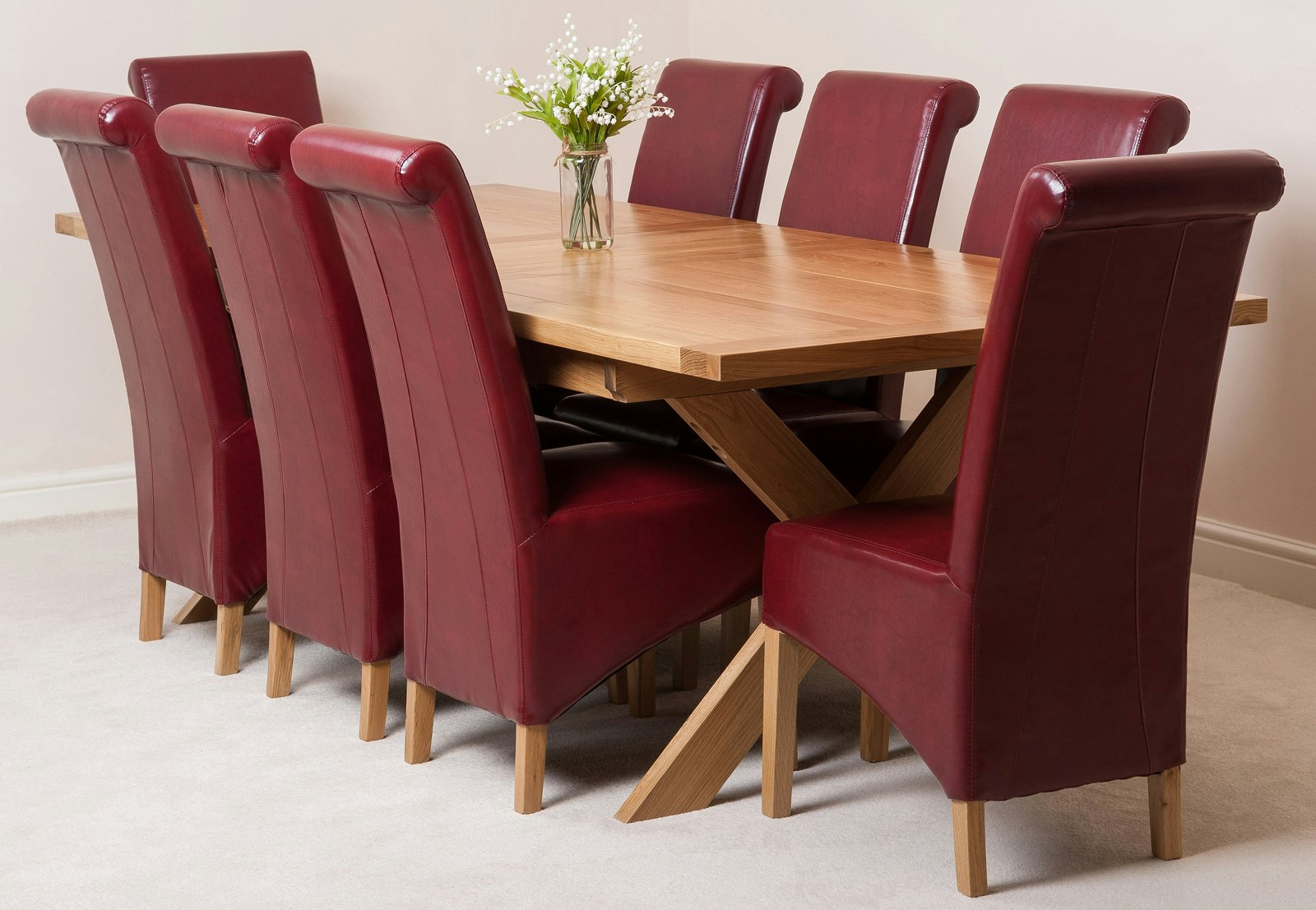 Rackhams Burgundy Vermont Cross Leg Oak Extending Dining Table With Montana Leather Chairs - 8 Chairs