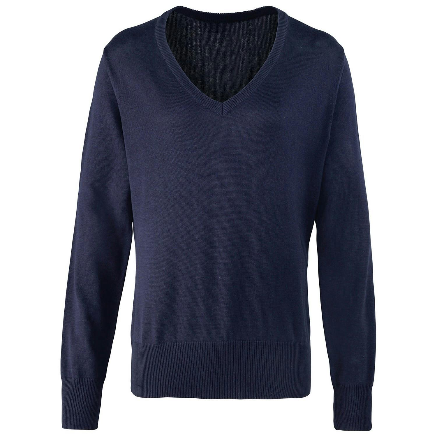 Premier Women's Navy Knitted Cotton Acrylic V Neck Sweatshirt In | Size: 16 - Image 3