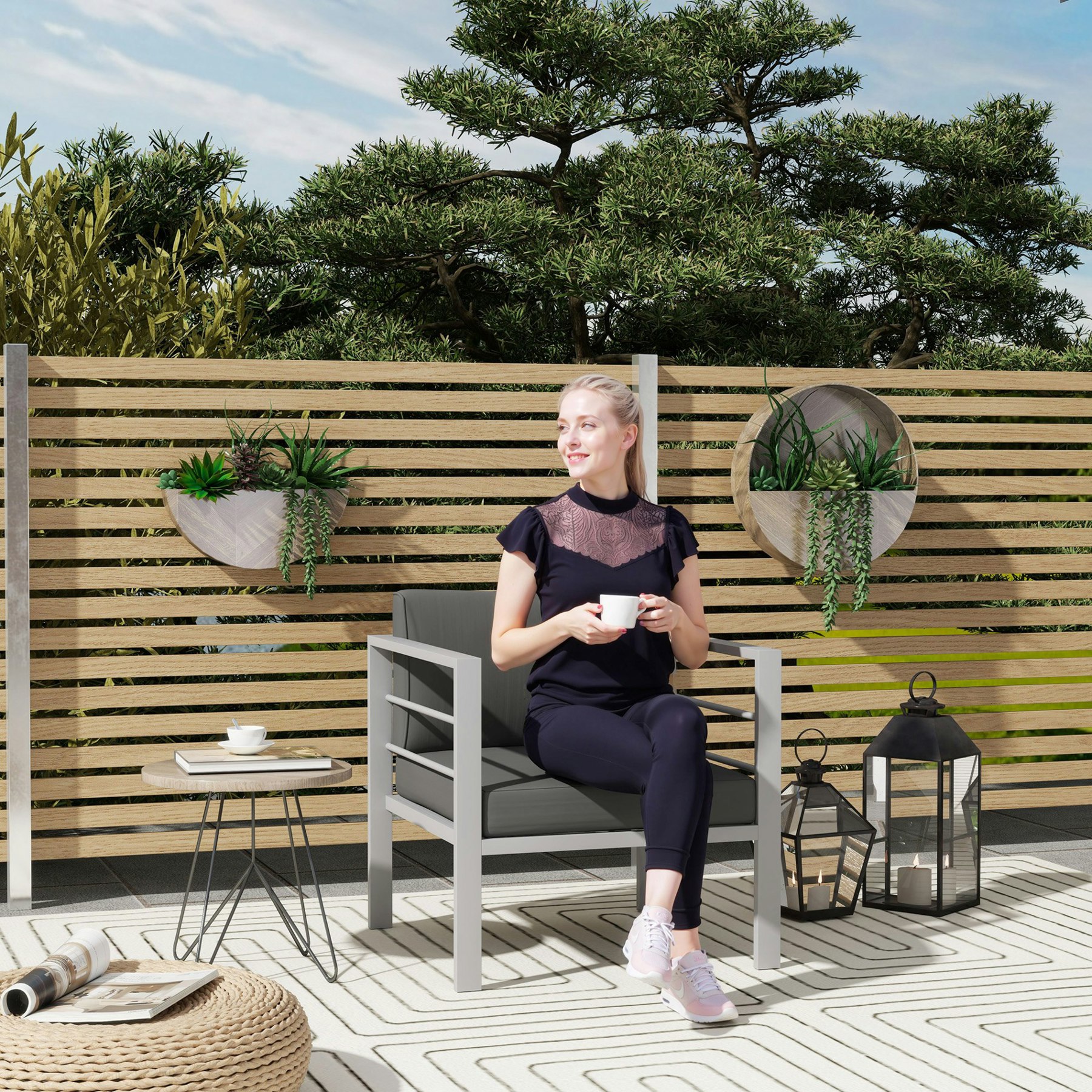 Rackhams Grey Patio Furniture Aluminium Armchair With Cushions, Charcoal
