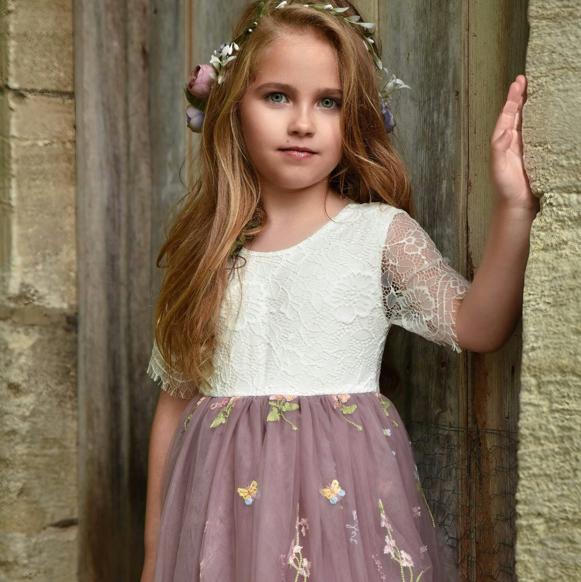 Uk Flower Girl Boutique Girls Mauve/White Uk Flower Boutique Enchanted Dress - Heather / Lace - 12/13 Years