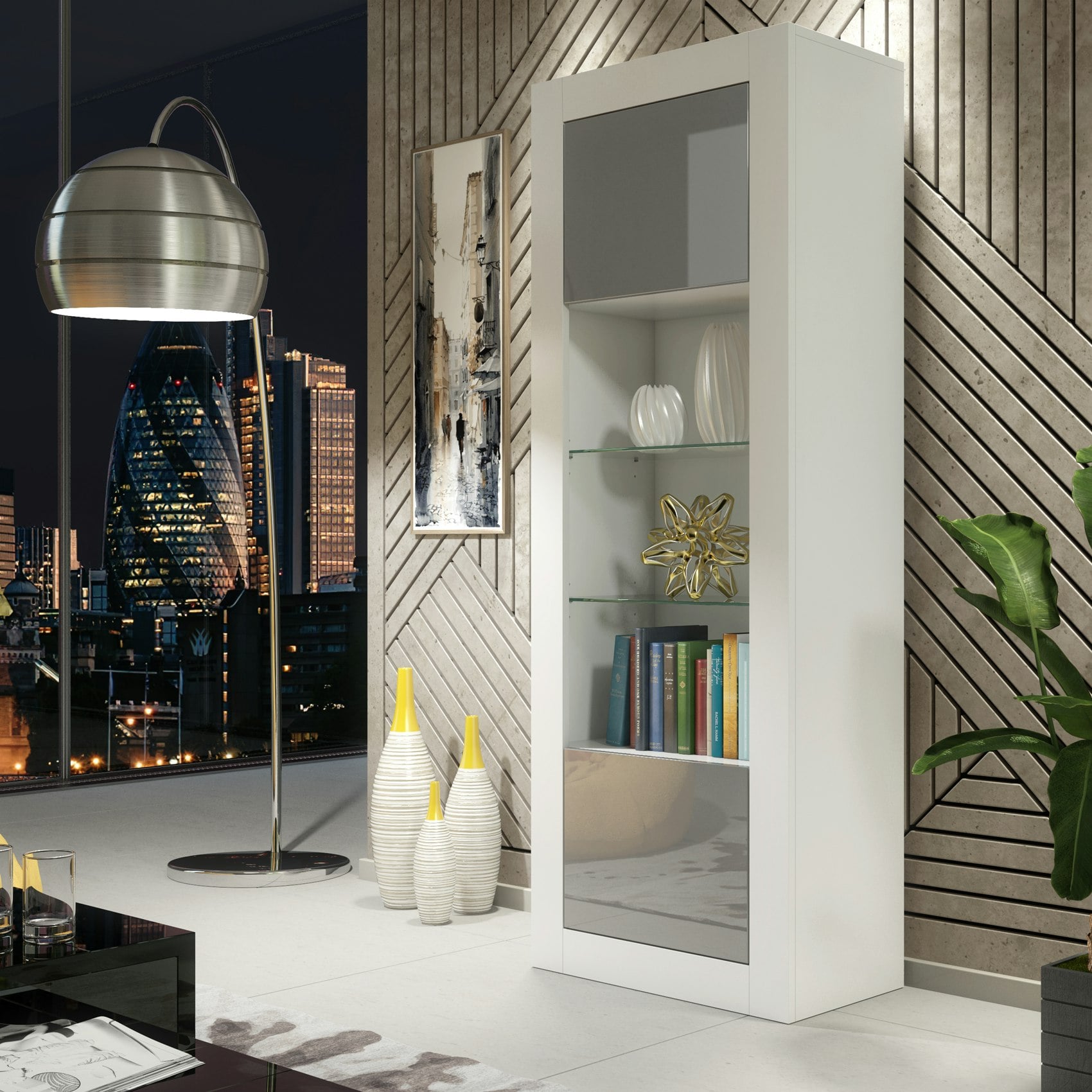 Mex Furniture White/Grey Modern Display Cabinet 170Cm – Body & Gloss Doors - 170 - Mdf/Chipboard - 1