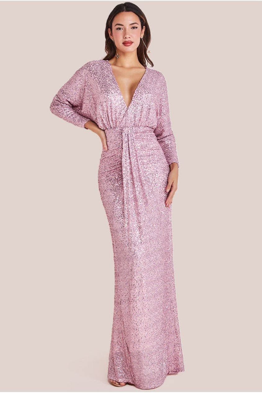 Goddiva Plunge V-Neck Sequin Maxi - Blush By - Blush - 10