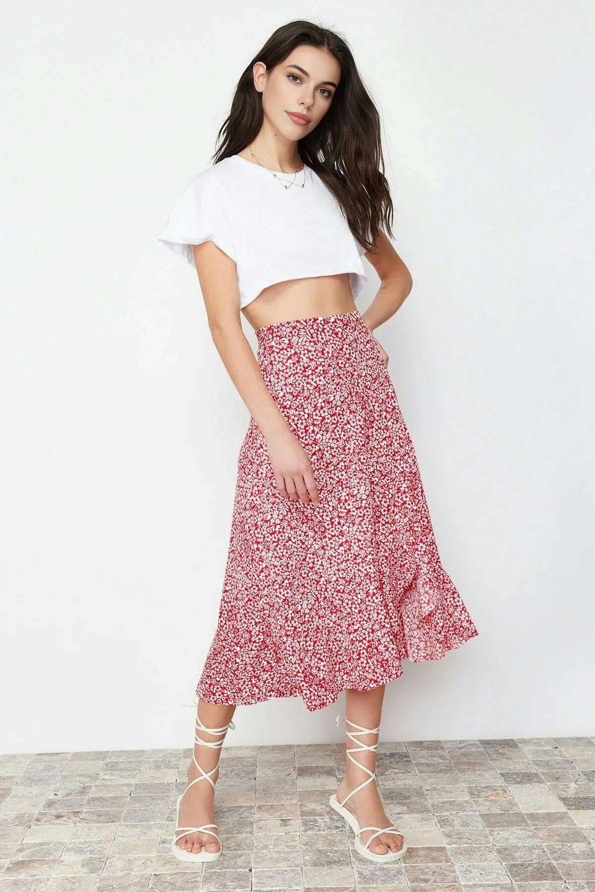 Wovcor Printed High-Waisted Stretch Skirt With Gathering And Ruffles - Multi - S