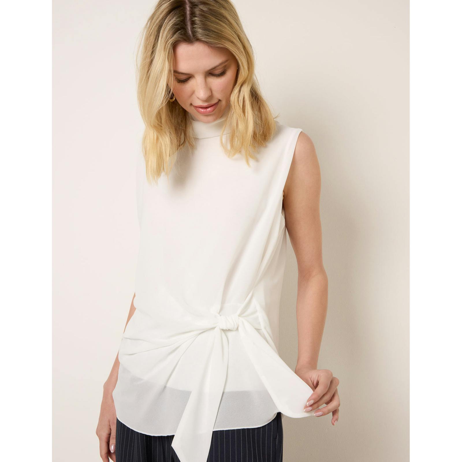 Blue Vanilla Blue/Ivory Vanilla Sleeveless Cowl Tie Front Chiffon Blouse - S-M
