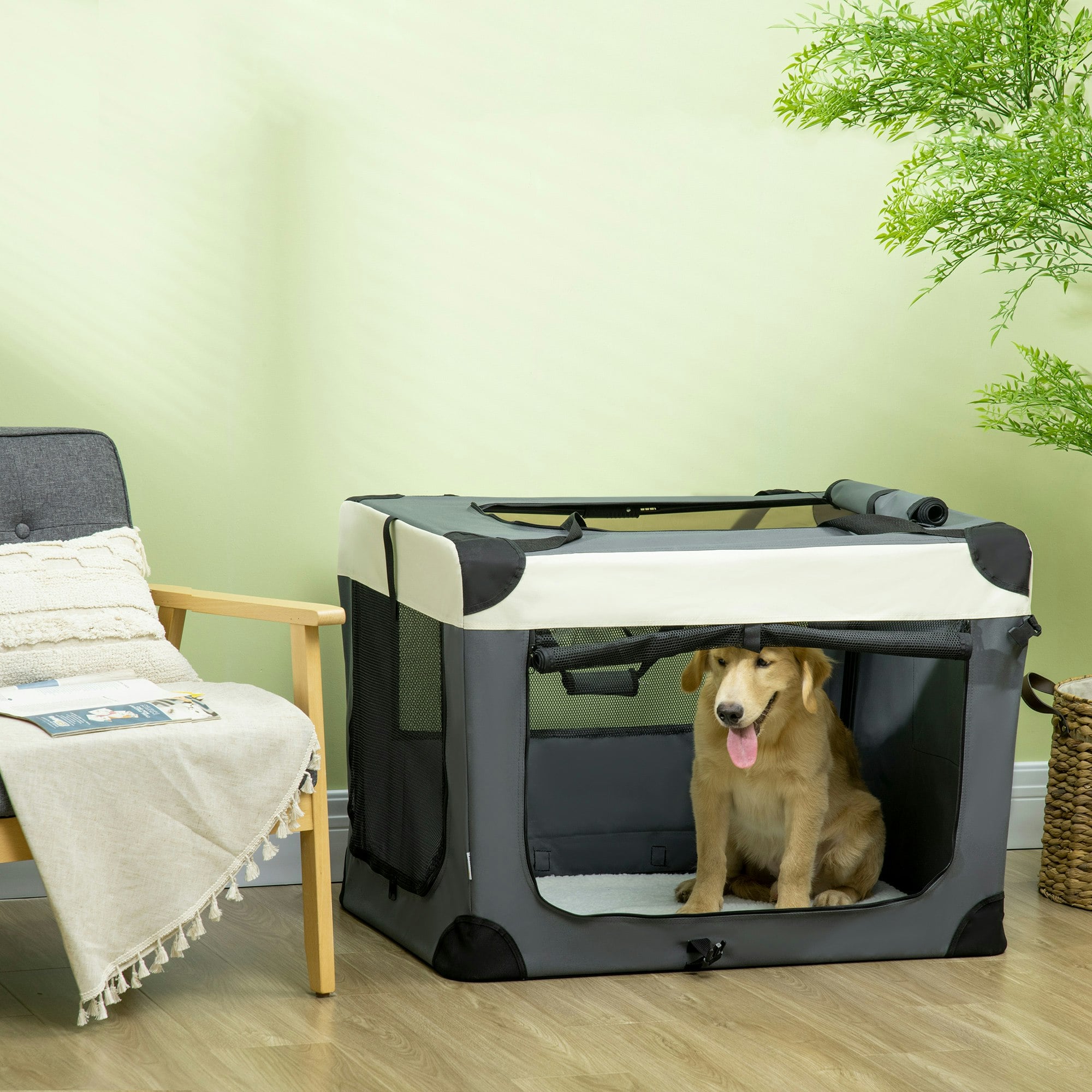 Pawhut Grey Foldable Pet Carrier Bag Soft Travel Dog Crate For Mini Dogs - 91 X 63 X 65Cm