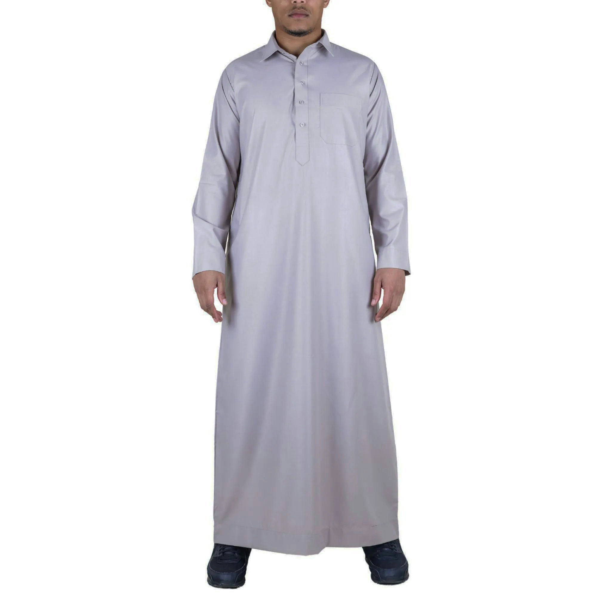 Thobez Men's Beige Thobe Jubba Turn Down Collar Islamic Muslim Cotton Kaftan Dress Robe Arabic - X-Large