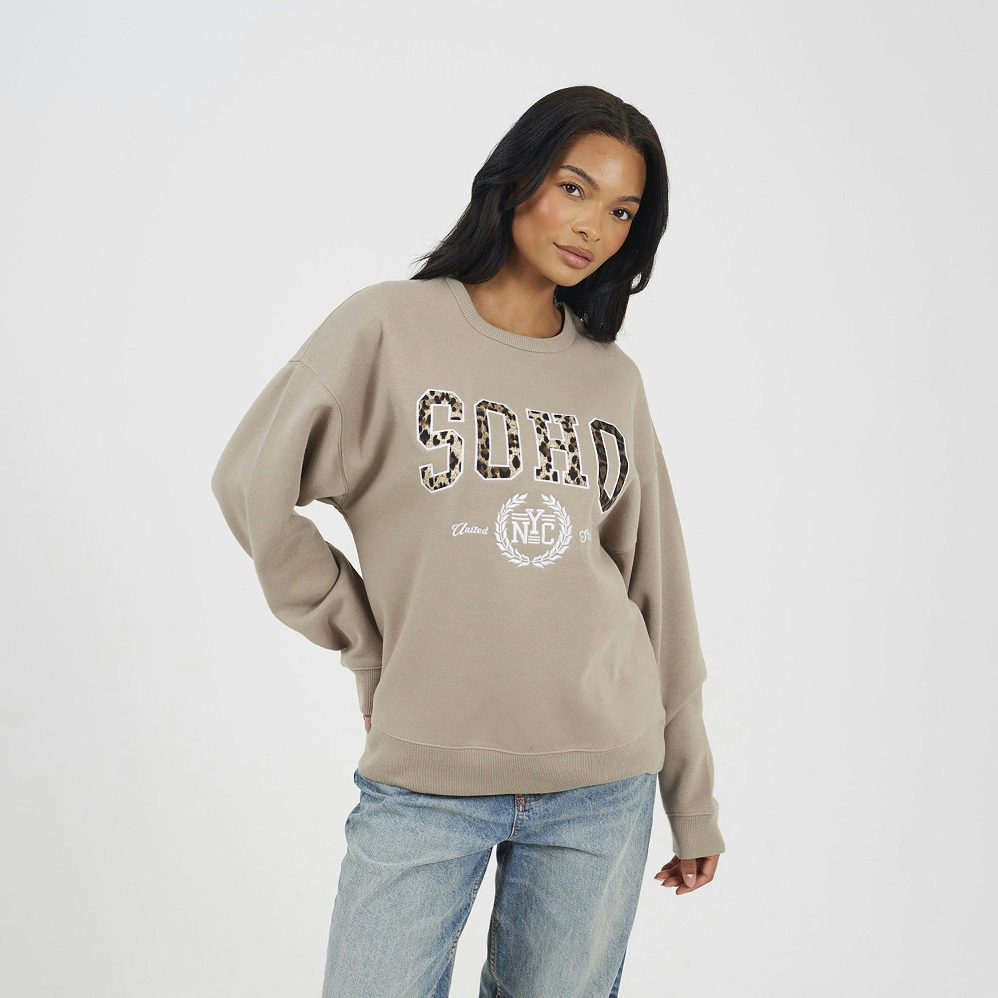 Brave Soul Slogan Crew Neck Sweatshirt - Taupe - Taupe - S