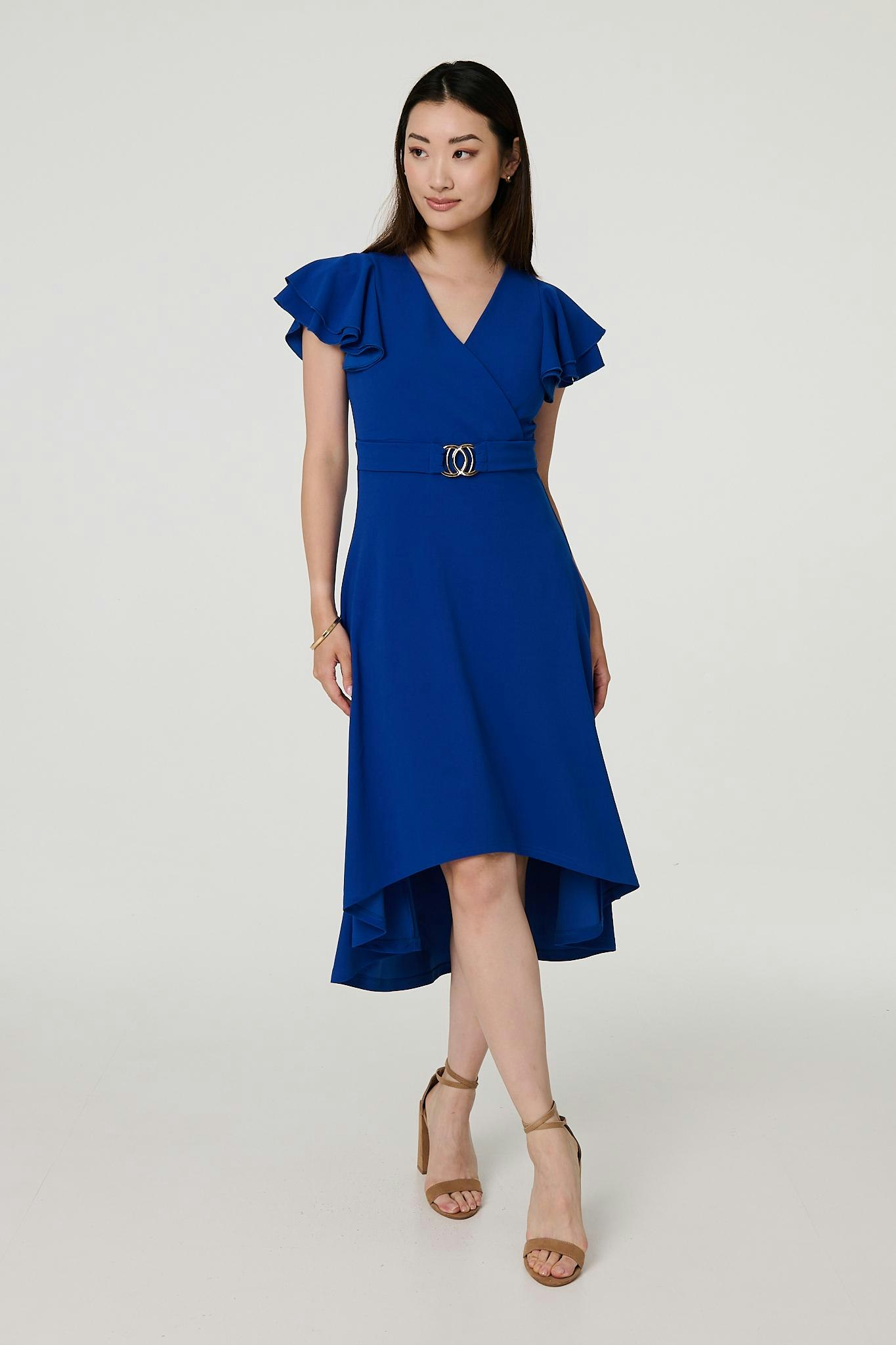 Izabel London Blue Belt Detail Frilled Sleeve Midi Dress - 10