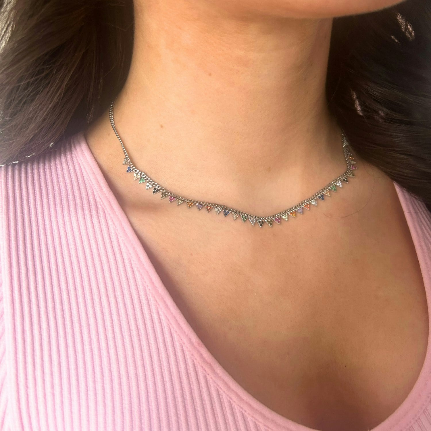 Spero London Silver Colourful Rainbow Jewelled Triangle Sterling Station Necklace
