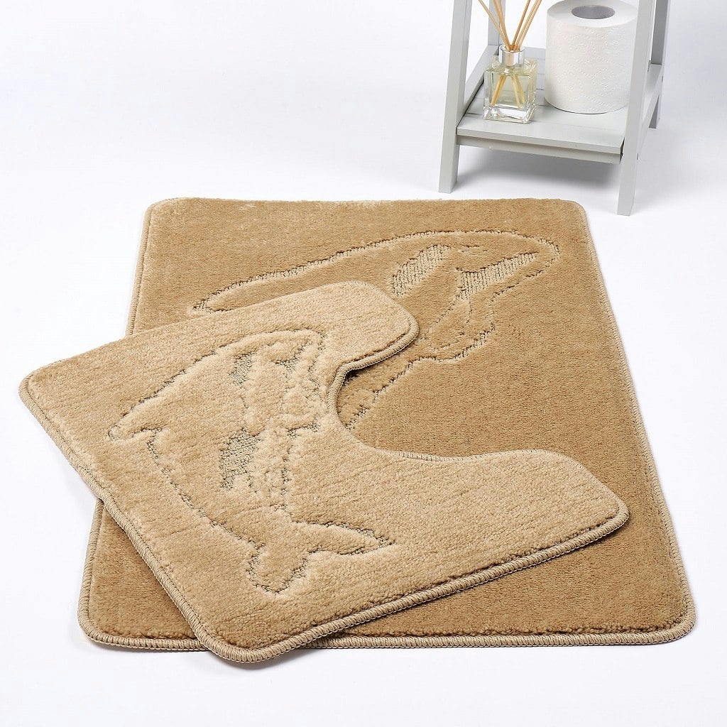 Homespace Direct Beige Dolphin Anti-Slip Bath Mat And Pedestal Mat 2 Piece Set
