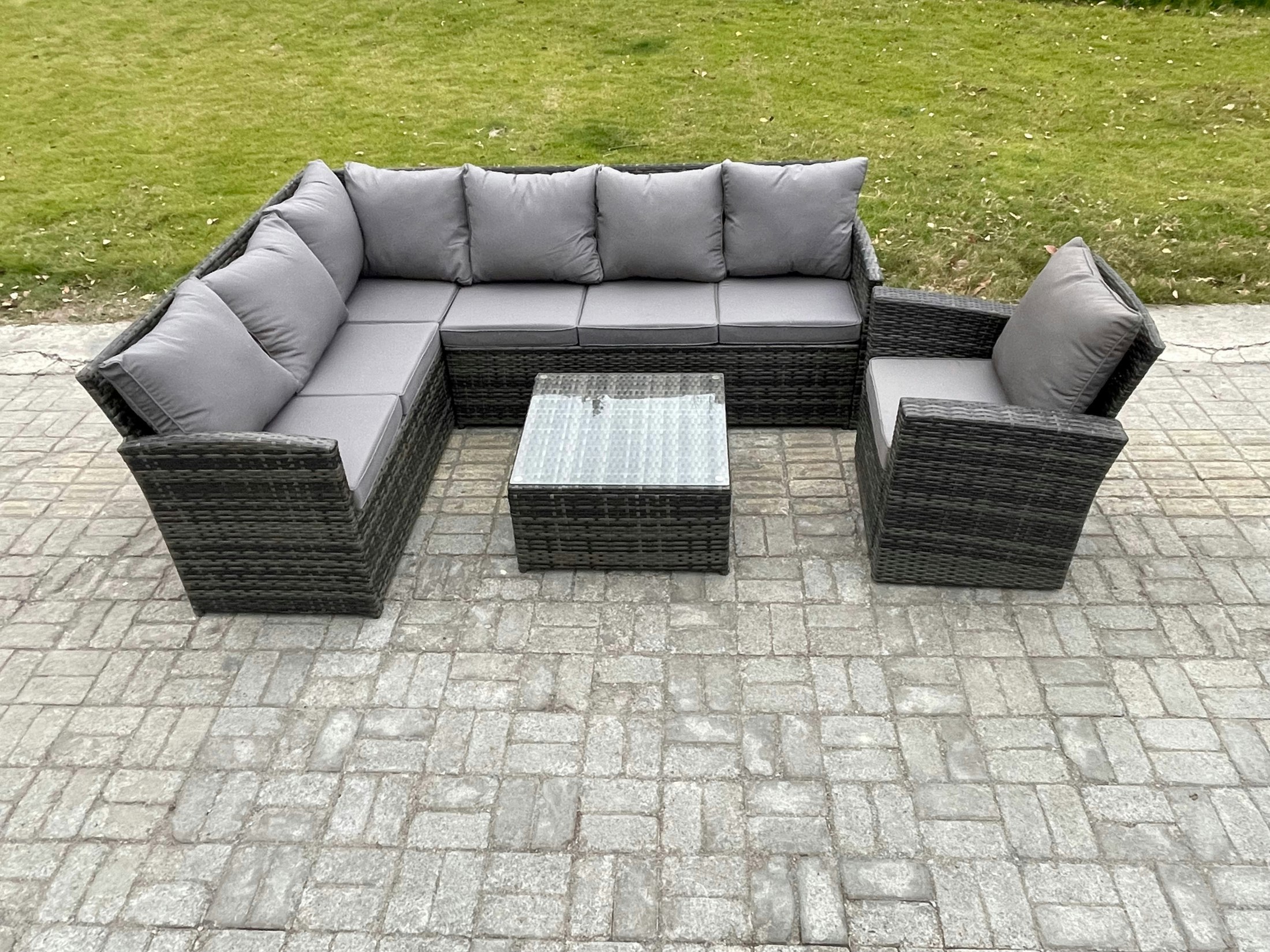Rackhams Dark/Grey 7 Seater Outdoor Garden Furniture Set Wicker Pe Rattan Corner Sofa Set With Square Coffee Table Armchairs Mixed