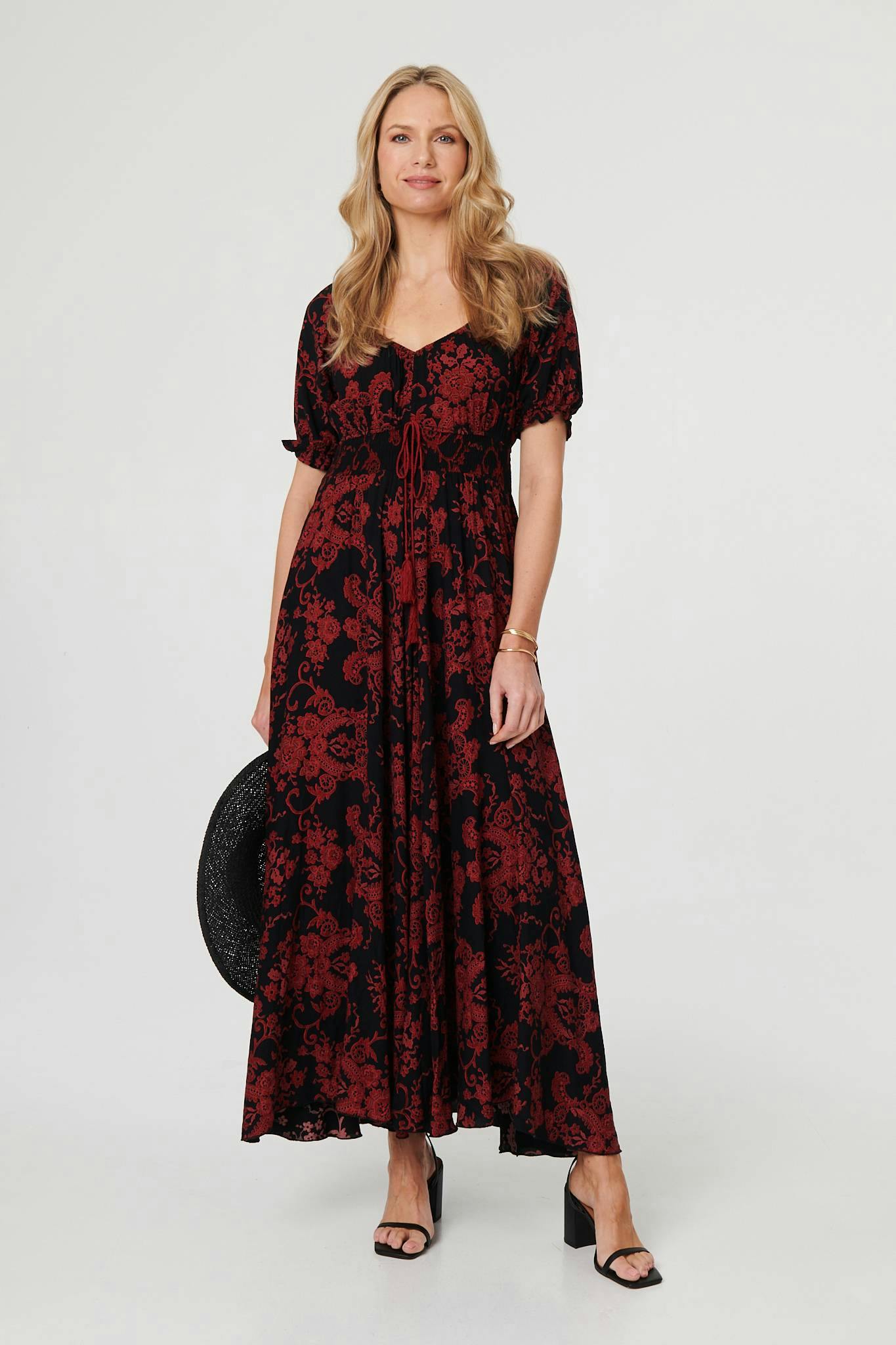 Izabel London Black Baroque Print Puff Sleeve Maxi Dress - 10