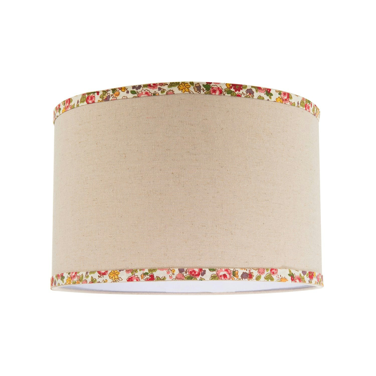 Rackhams White/Light Natural Oatmeal Linen Circular Lamp Shade With Colourful Floral Trims
