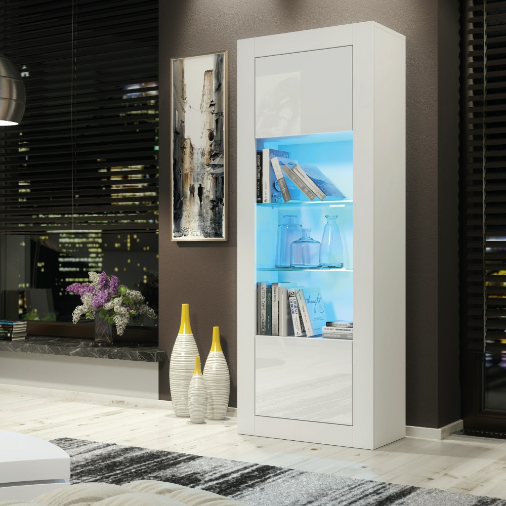 Mex Furniture White 170Cm Modern Display Cabinet – Gloss Doors With Led