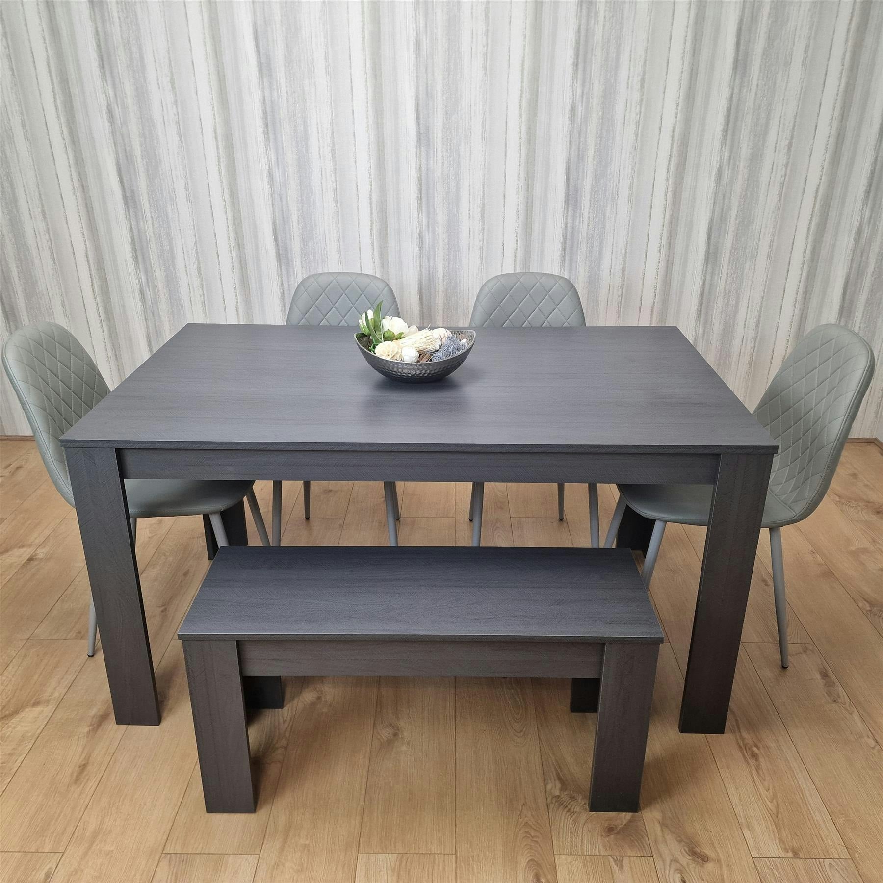 Portland 6 Seater Faux Leather Dining Bench Set Grey - Image 6