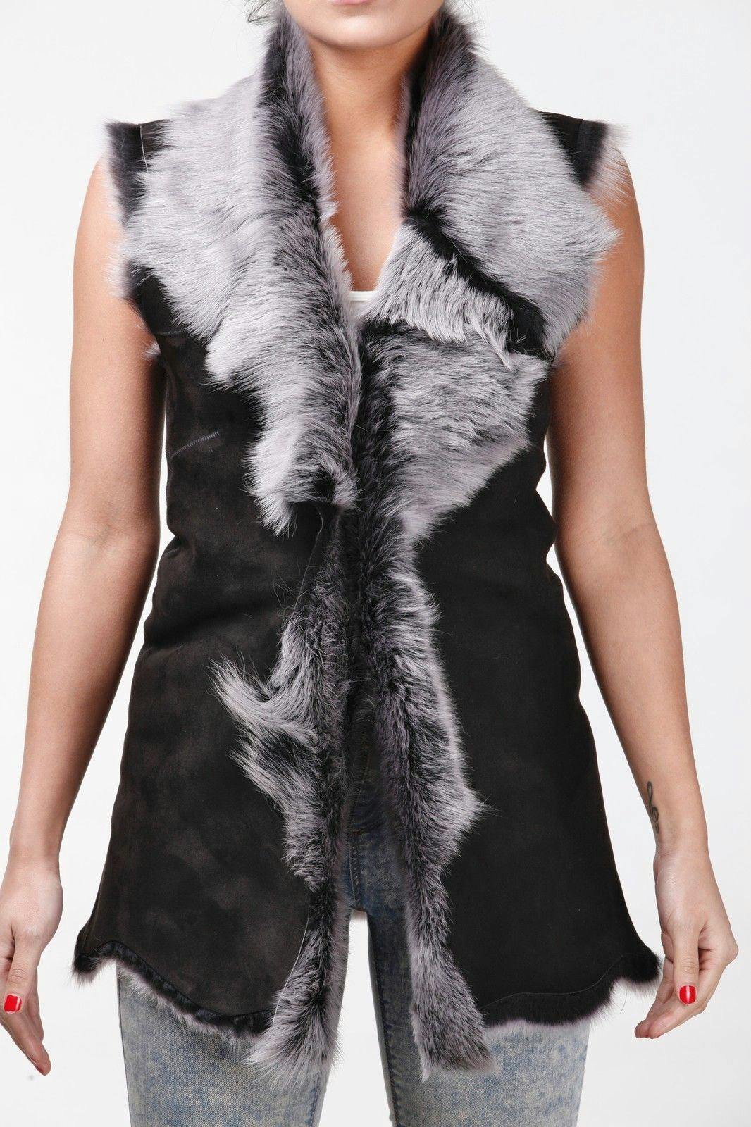 Infinity Leather Women's Black/Silver Toscana Sheepskin Long Gilet-Sorocaba - Uk Xs/8 | Eu 34 | Us 4
