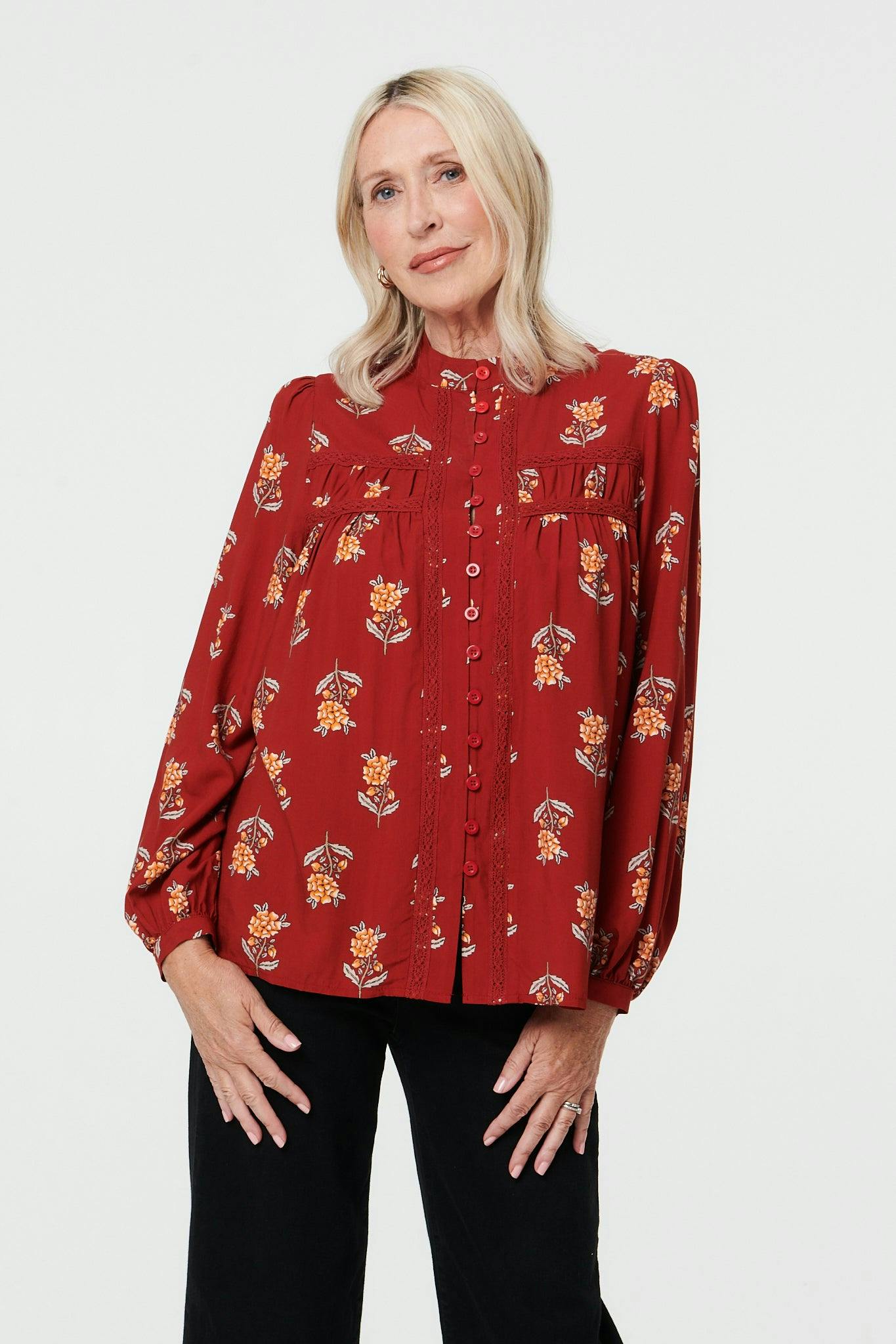 Izabel London Floral High Neck Long Sleeve Shirt - 8 - Rust