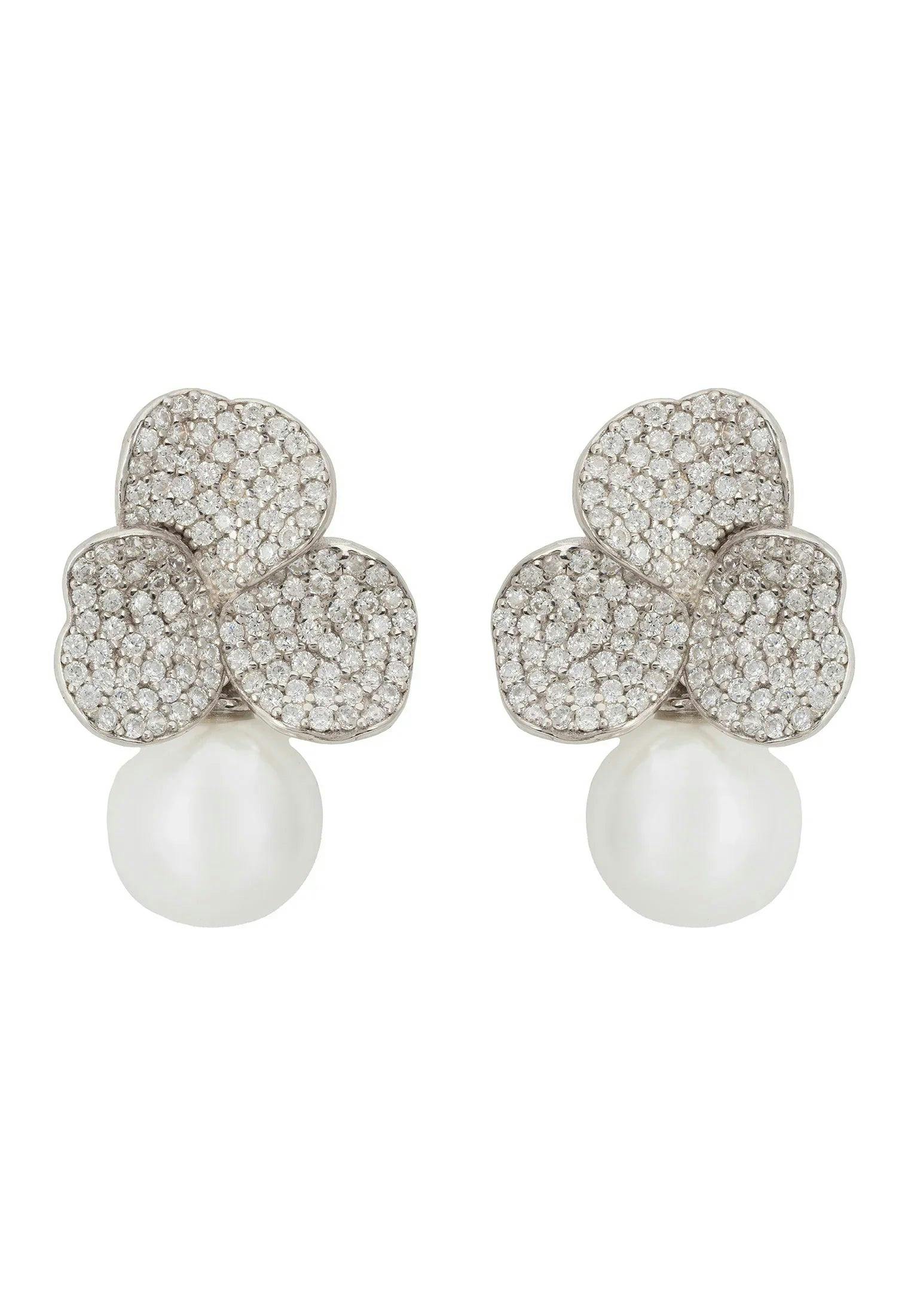Latelita Silver Iris Flower And Pearl Dangle Earrings