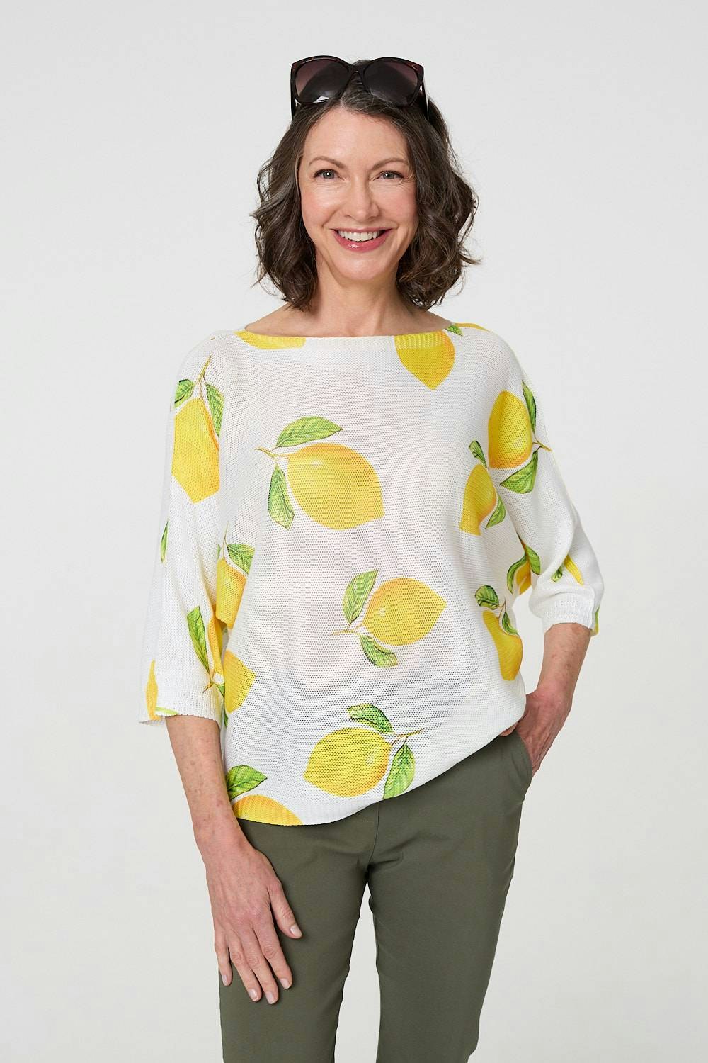 Izabel London Yellow Printed 3/4 Sleeve Knit Texture Top - S/M