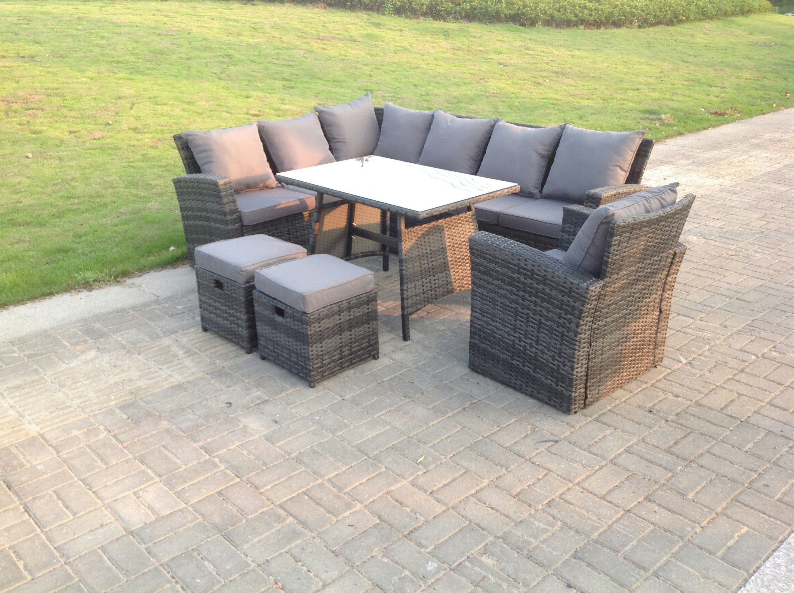 Fimous Dark/Grey High Back Mixed Rattan Corner Sofa Set Outdoor Furniture Rectangular Dining Table 2 Small Footstools Chair 9 Seater