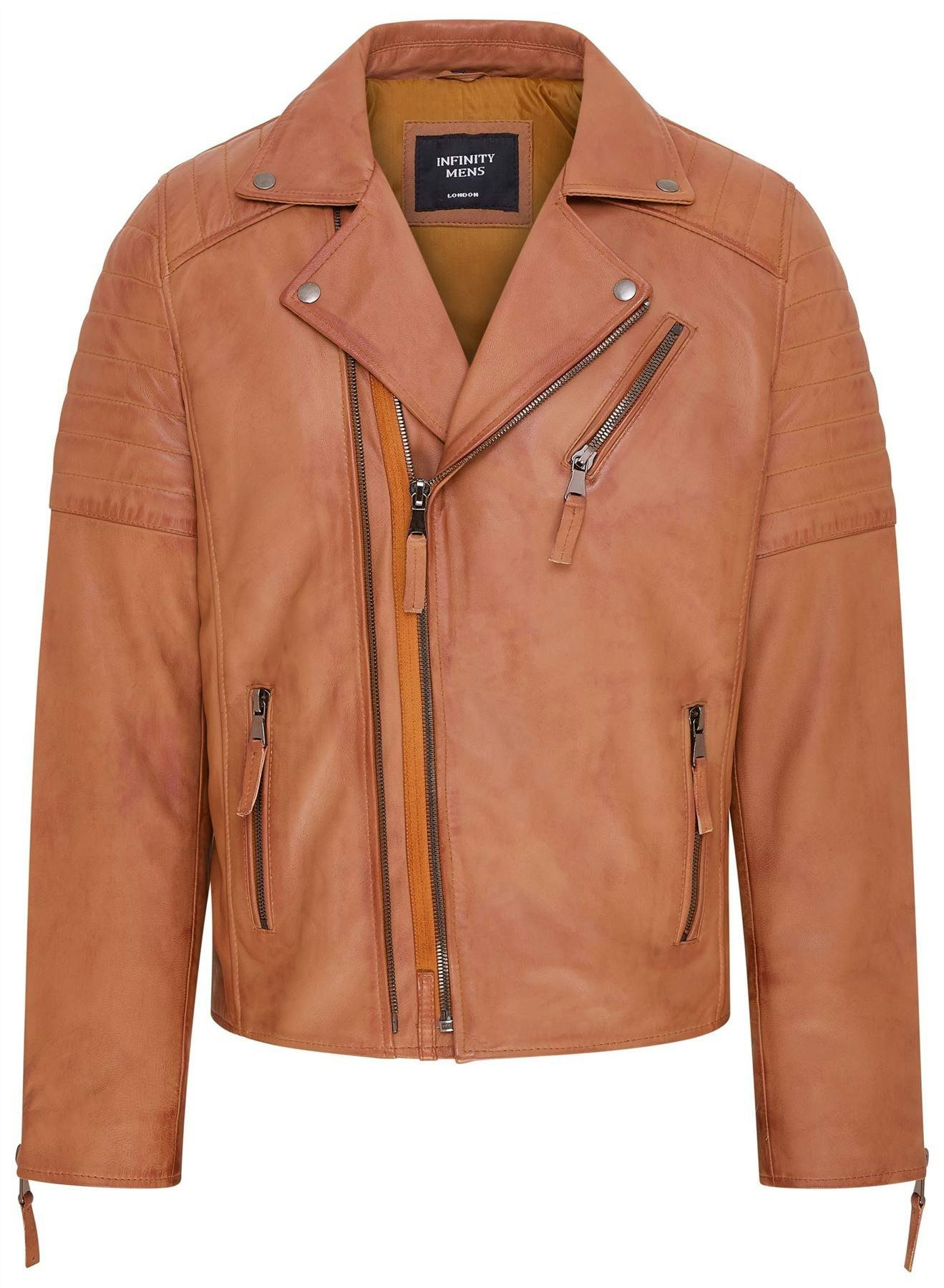 Infinity Leather Men's Grain Brando Double Cross Zip Leather Biker Jacket- Fagernes - Tan - Uk 2XL | Eu 54 | Us 44